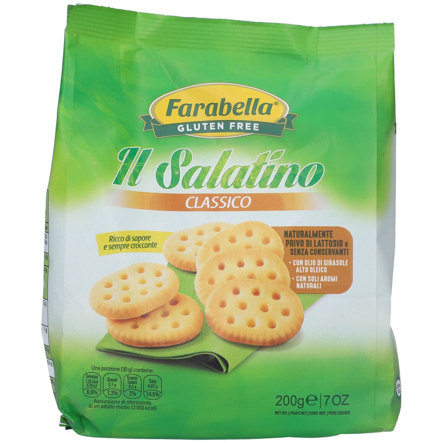 Confezione verde di cracker senza glutine. Scritta: Farabella, Il Salatino Classico. Cracker rotondi.