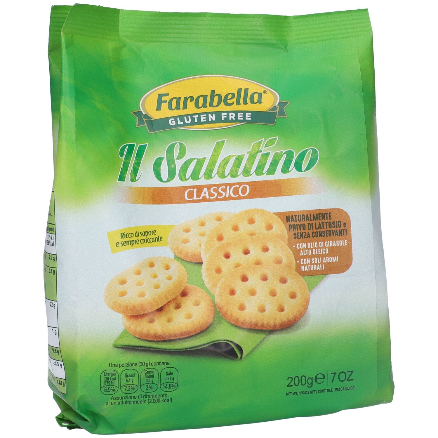 Confezione verde di cracker senza glutine. Scritta: Farabella, Il Salatino Classico. Cracker rotondi.