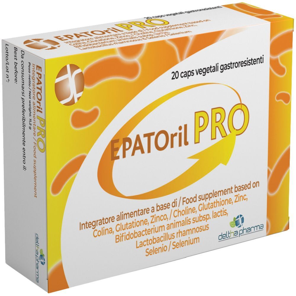 Scatola "EPATORil PRO". Scritta: 20 capsule. Sfondo giallo-arancio con informazioni sul prodotto.