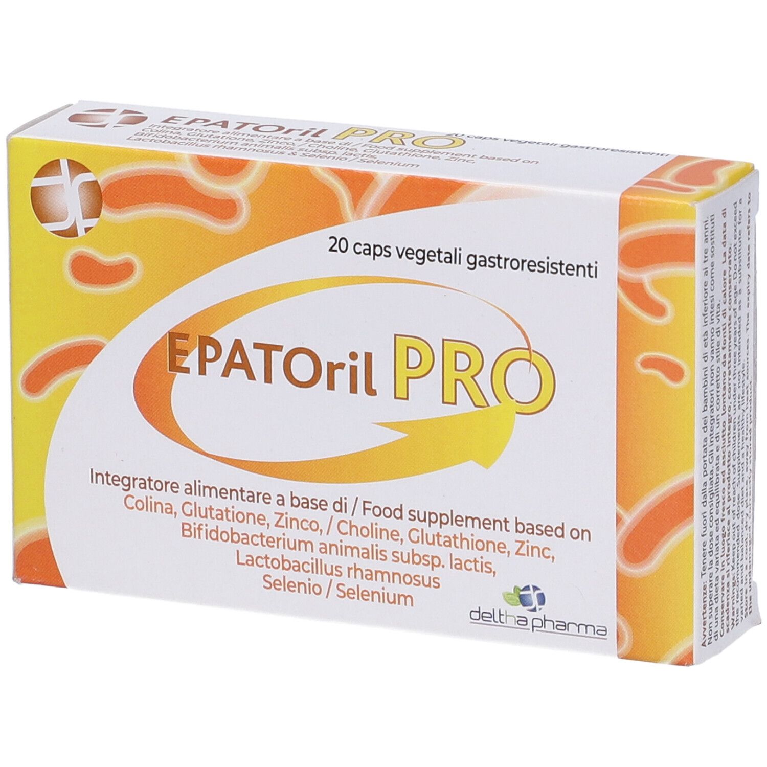 Scatola "EPATORil PRO" con 20 capsule. Sfondo giallo-arancio. Nome del prodotto e informazioni.