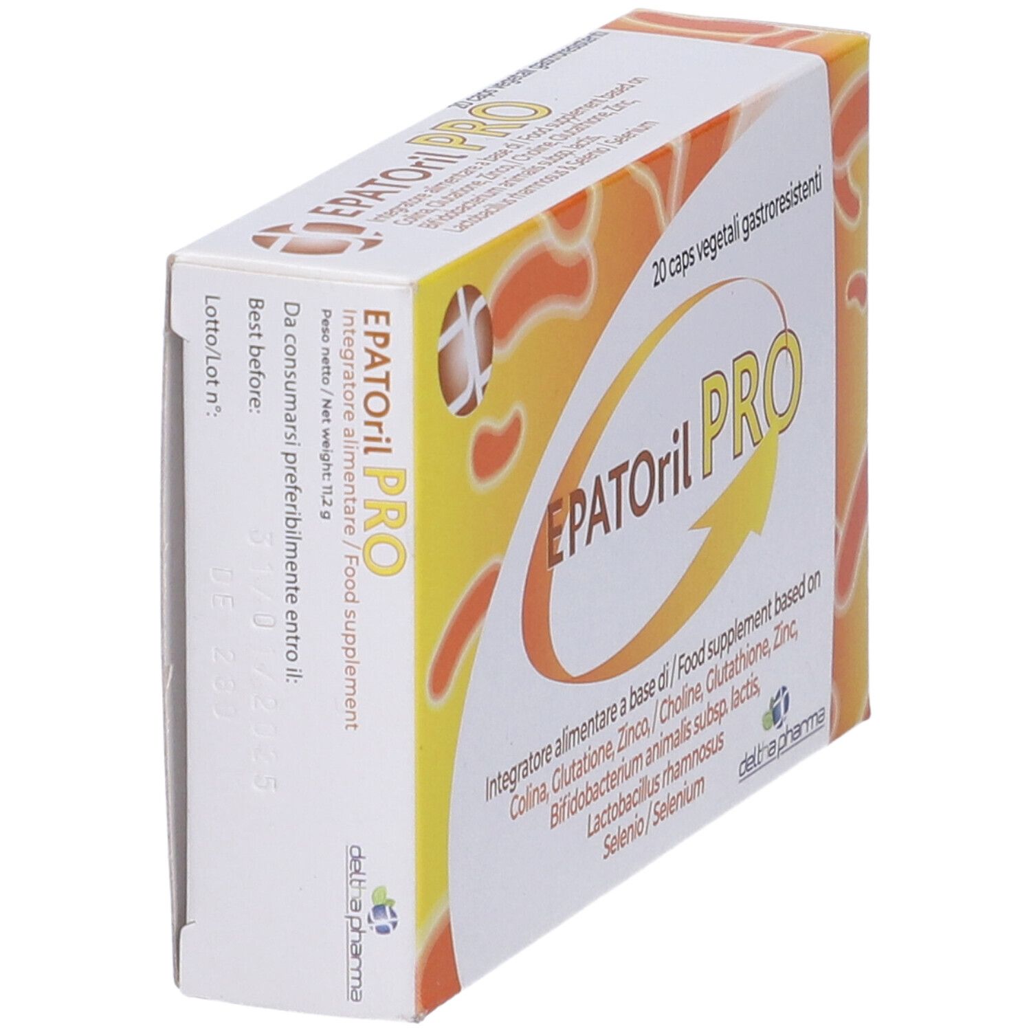 Scatola "EPATORil PRO" con 20 capsule. Sfondo giallo-arancio. Nome del prodotto e ingredienti.