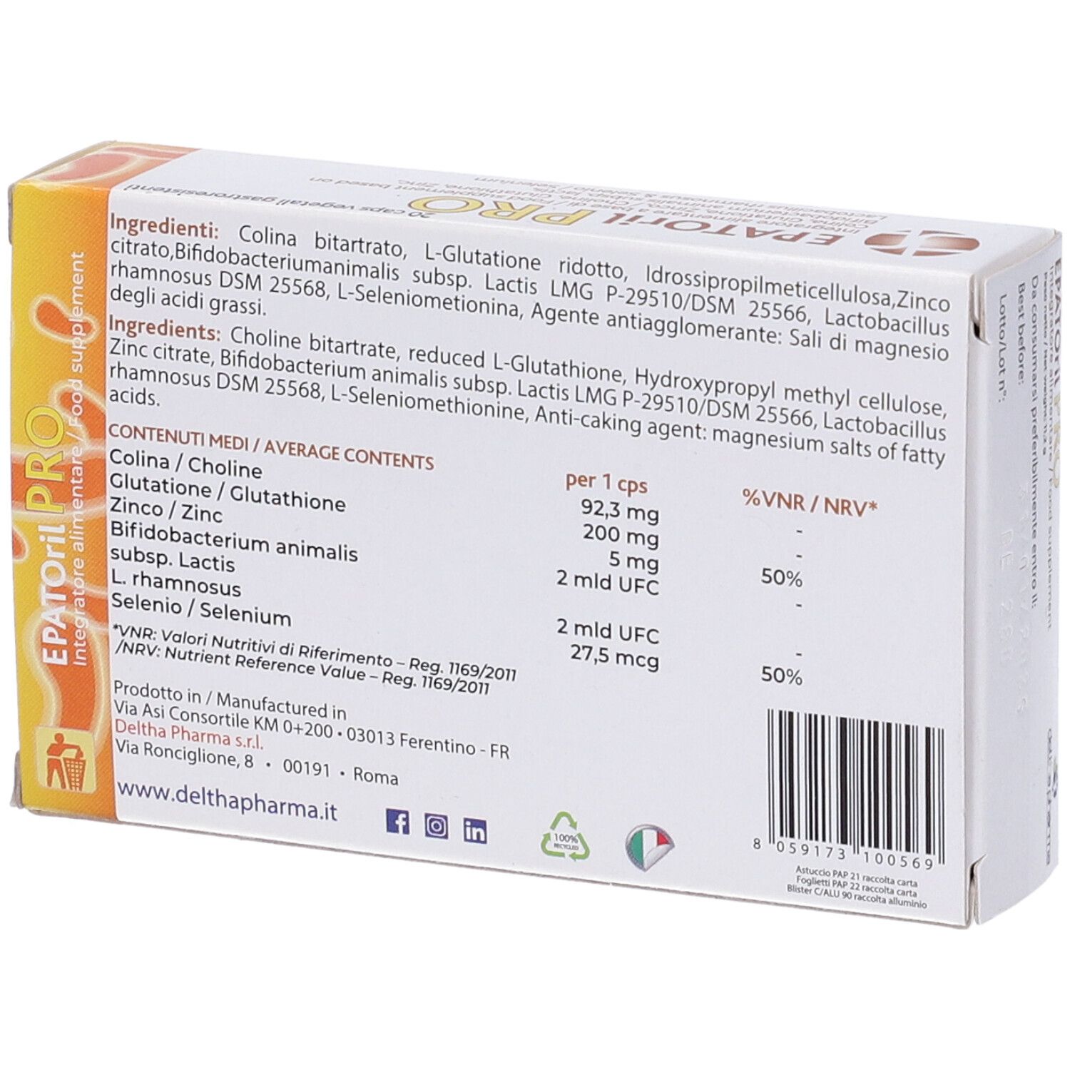 Retro della scatola "EPATORil PRO". Contiene ingredienti, informazioni nutrizionali e produttore.
