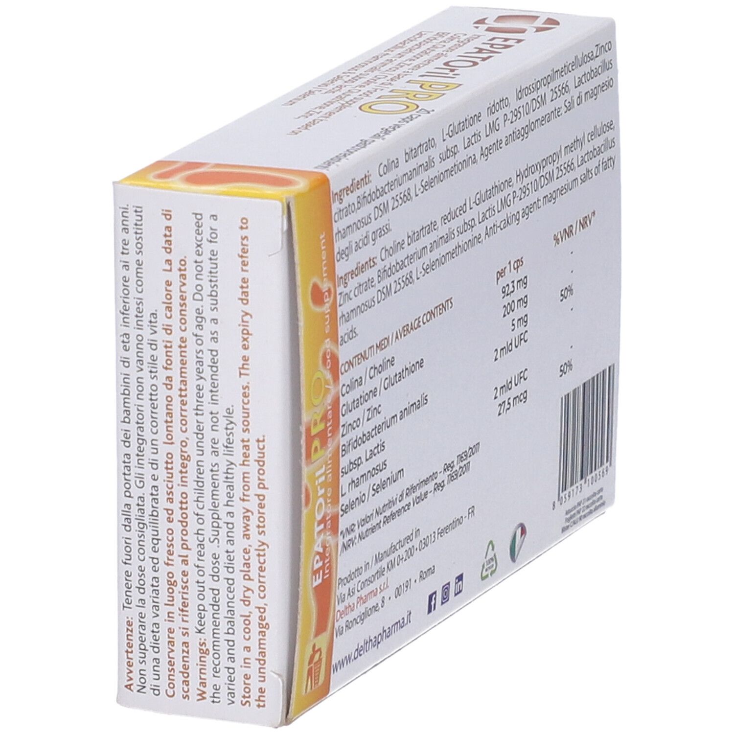 Scatola "EPATORil PRO" con ingredienti e informazioni nutrizionali. Sfondo giallo-arancio.