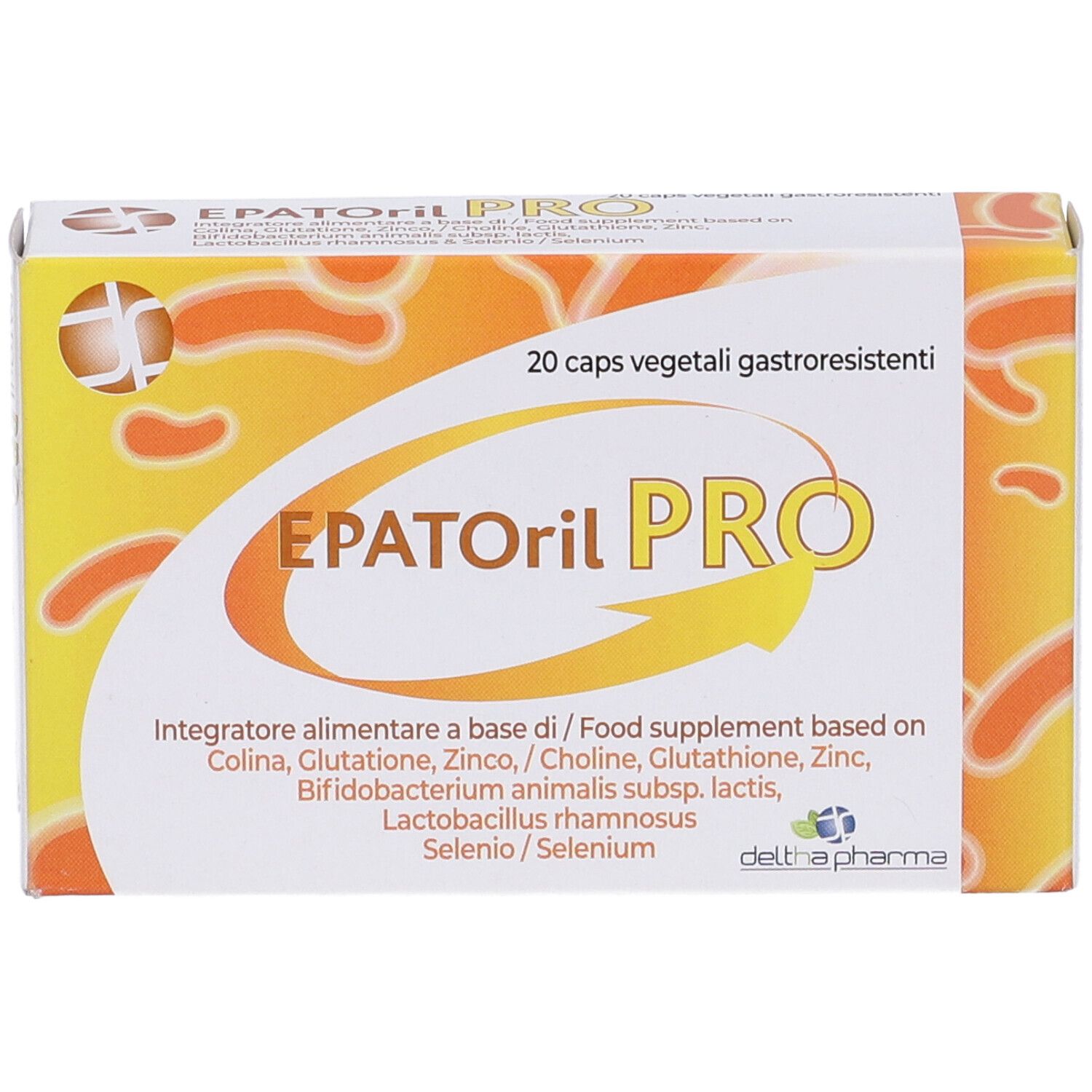 Scatola "EPATORil PRO" con 20 capsule. Sfondo giallo-arancio. Nome del prodotto e informazioni.