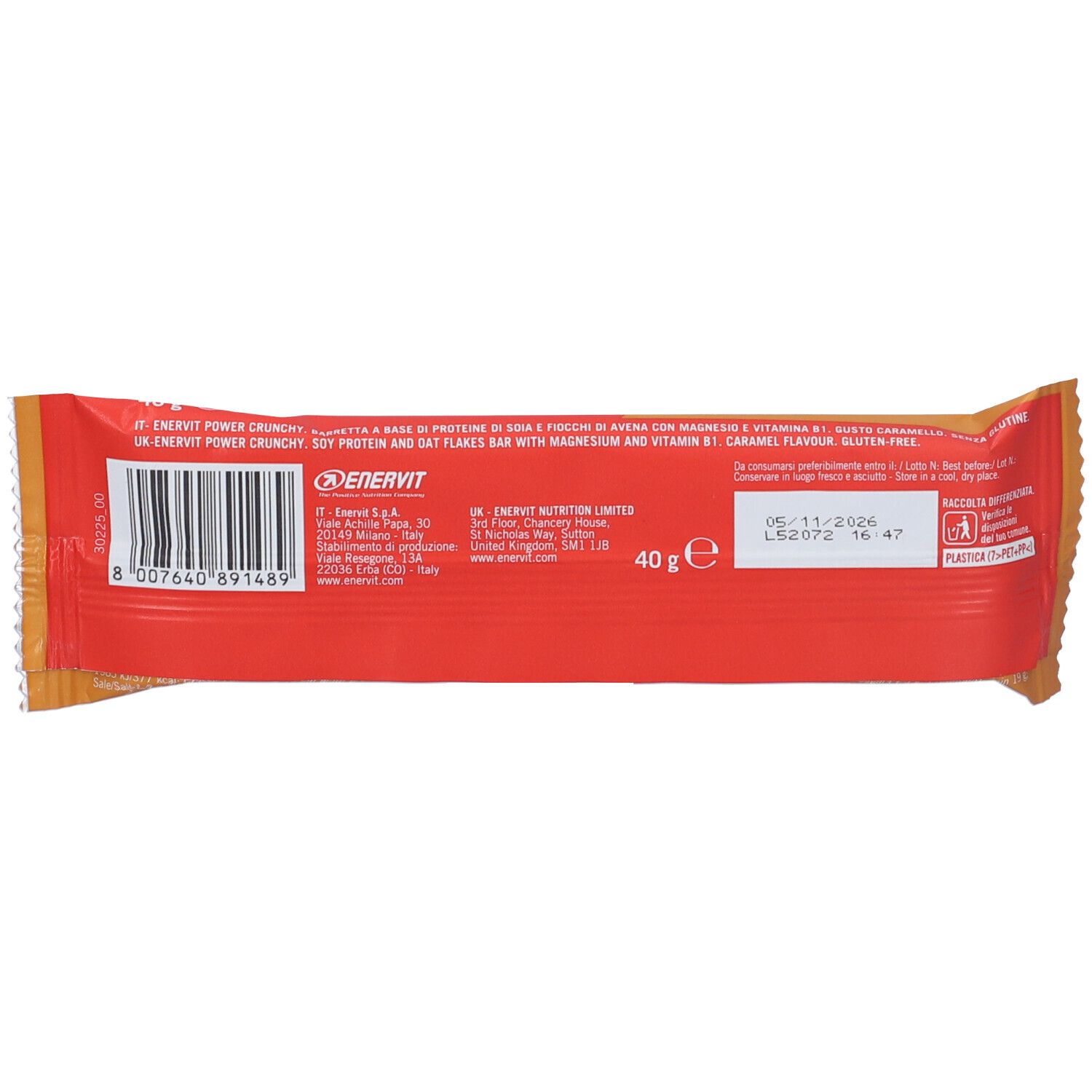 Retro della confezione della barretta Enervit Power Crunchy Caramel. Confezione rossa con testo, codice a barre e peso: 40g.