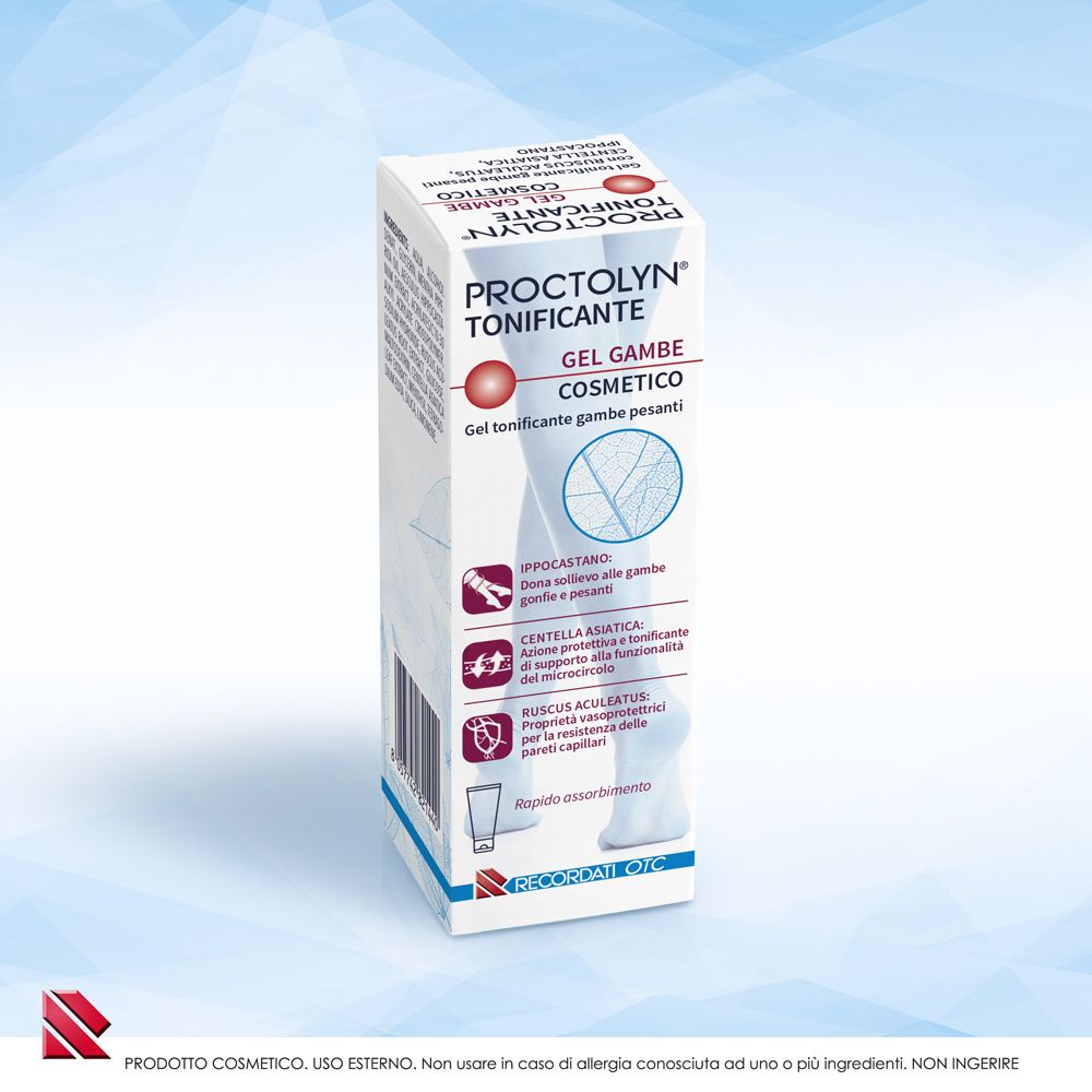 Confezione Proctolyn Tonificante Gel Gambe Cosmetico, con informazioni sul prodotto e icone.