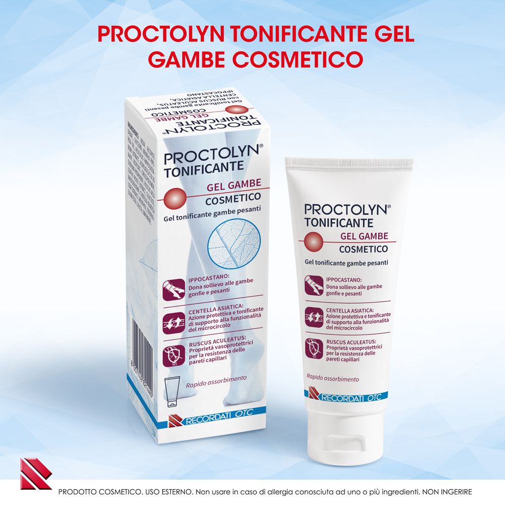 Confezione e tubetto Proctolyn Tonificante Gel Gambe Cosmetico, con informazioni sul prodotto.