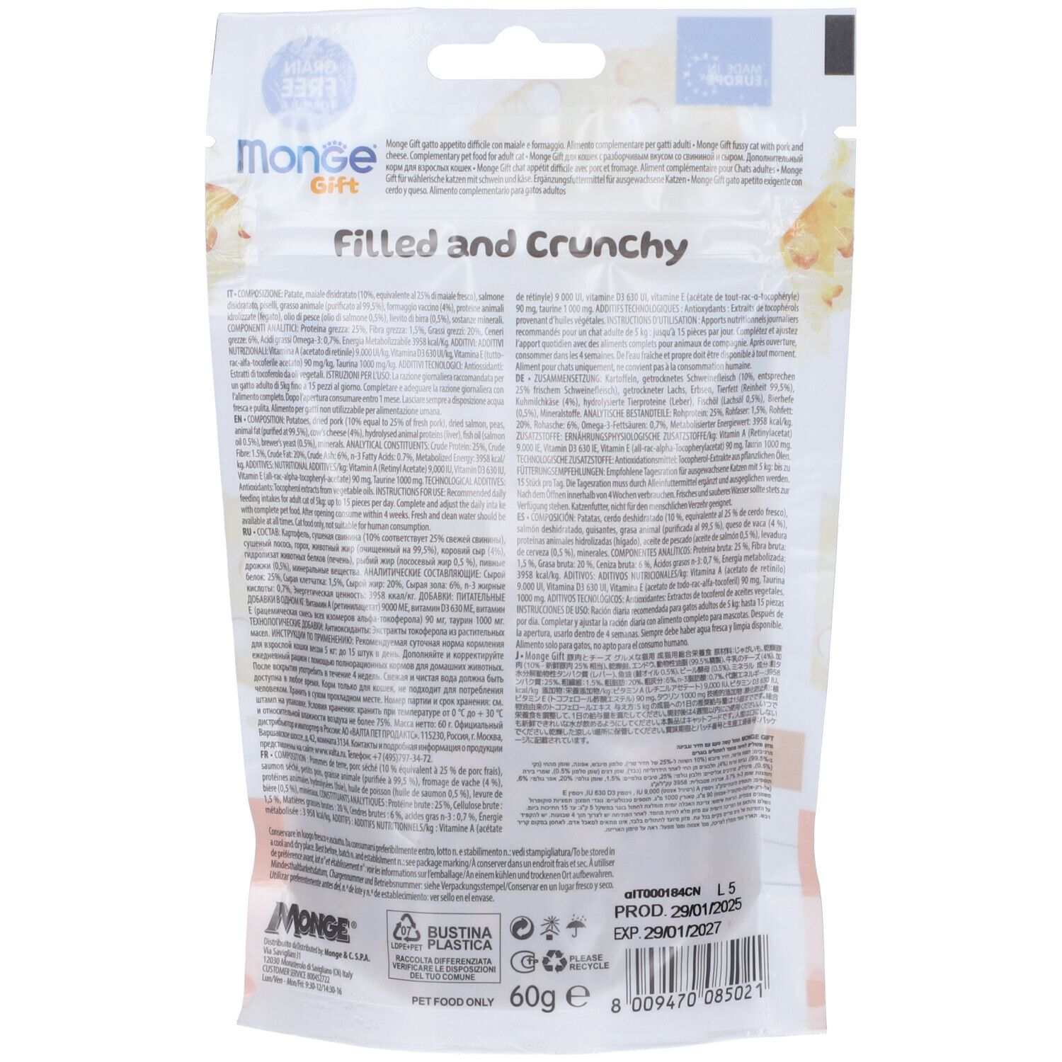 Retro del sacchetto Monge Gift. Testo con ingredienti e informazioni nutrizionali. 60g. Scadenza.