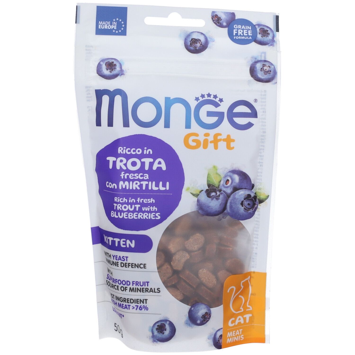 Monge Cat Meat Mins Gift Gattino Ricco in Trota Fresca con Mirtilli Blu
