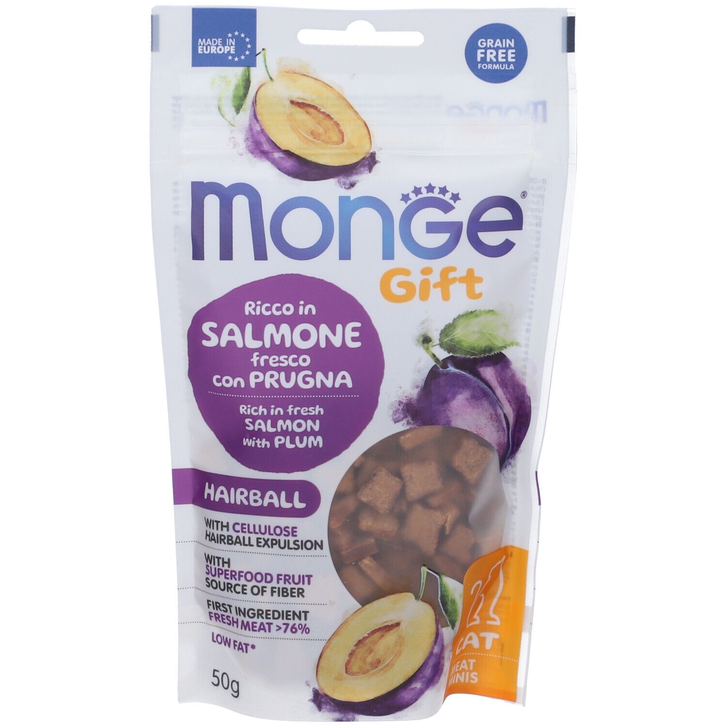Monge Cat Meat Mins Gift Hairball Ricco In Salmone Fresco Con Prugne