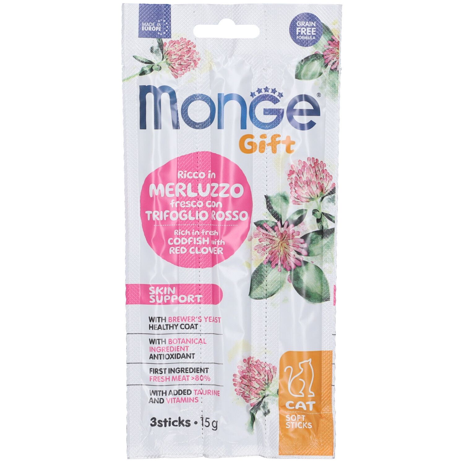 Monge Cat Soft Sticks Skin Support Ricco in Merluzzo Fresco con Trifoglio Rosso