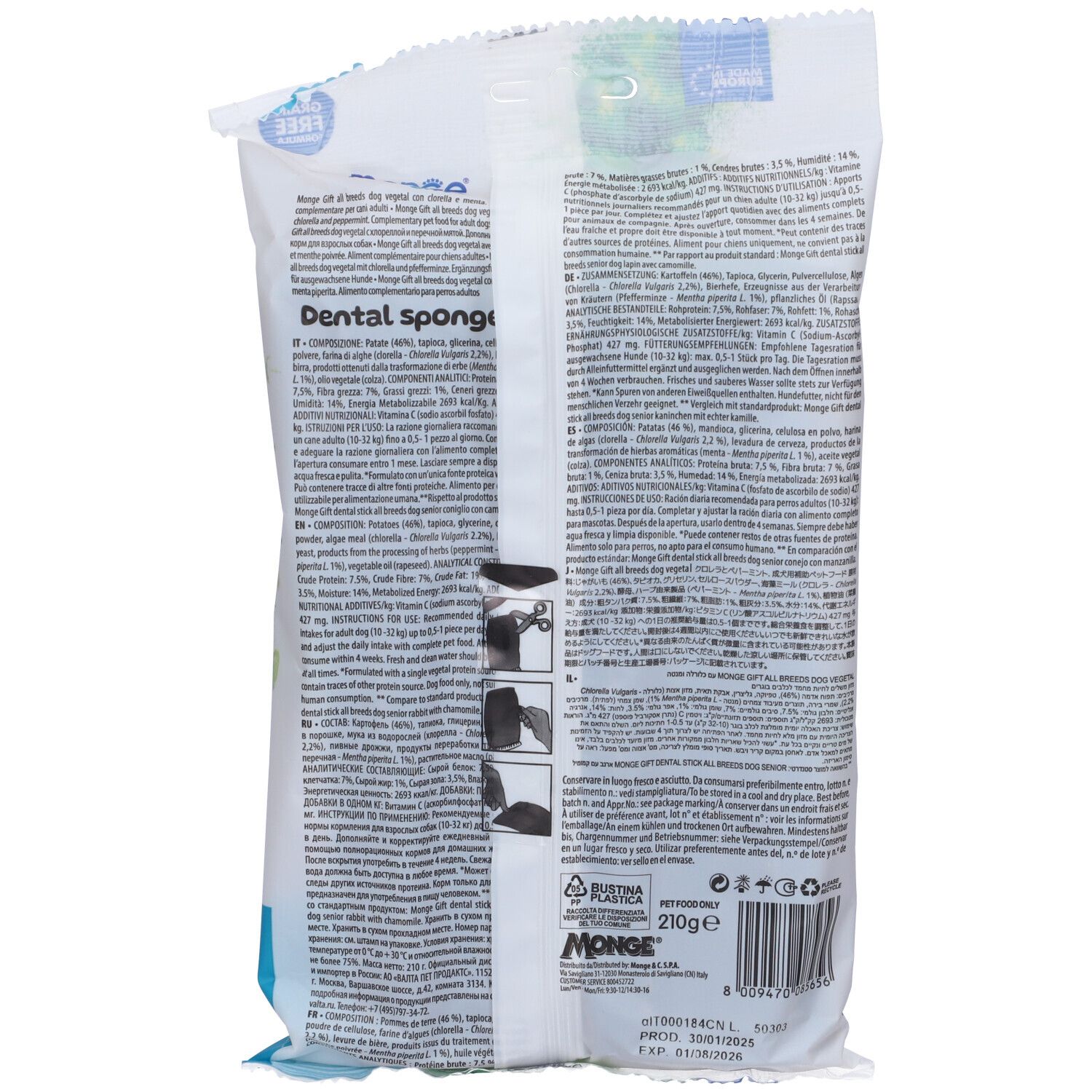 Retro della confezione Monge Gift Dental Sponges. Informazioni testuali, nutrizionali e istruzioni.