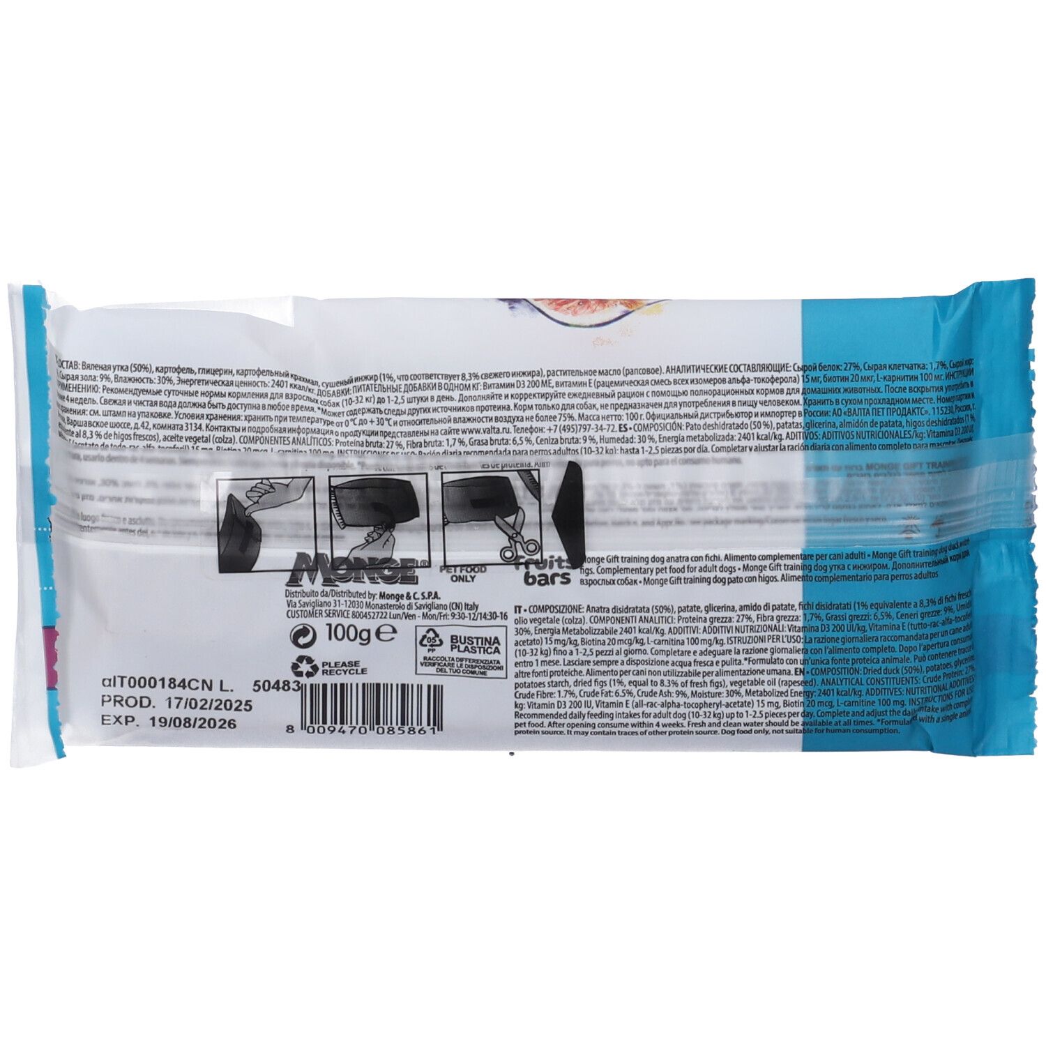 Retro della confezione Monge Dog Fruit Bars Training. Contiene informazioni e valori nutrizionali.
