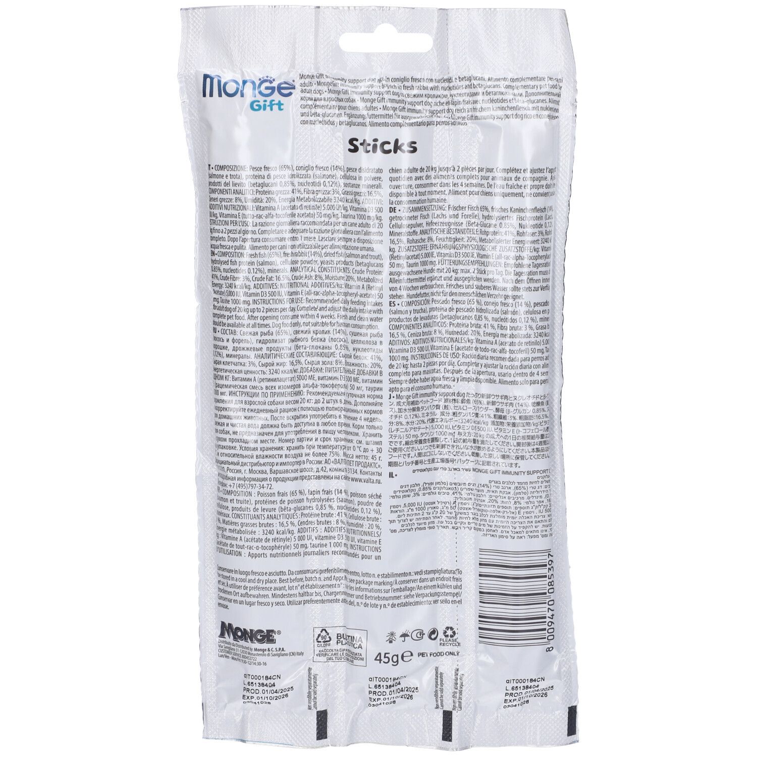 Retro della confezione Monge Gift Dog Sticks. Contiene informazioni testuali e logo.