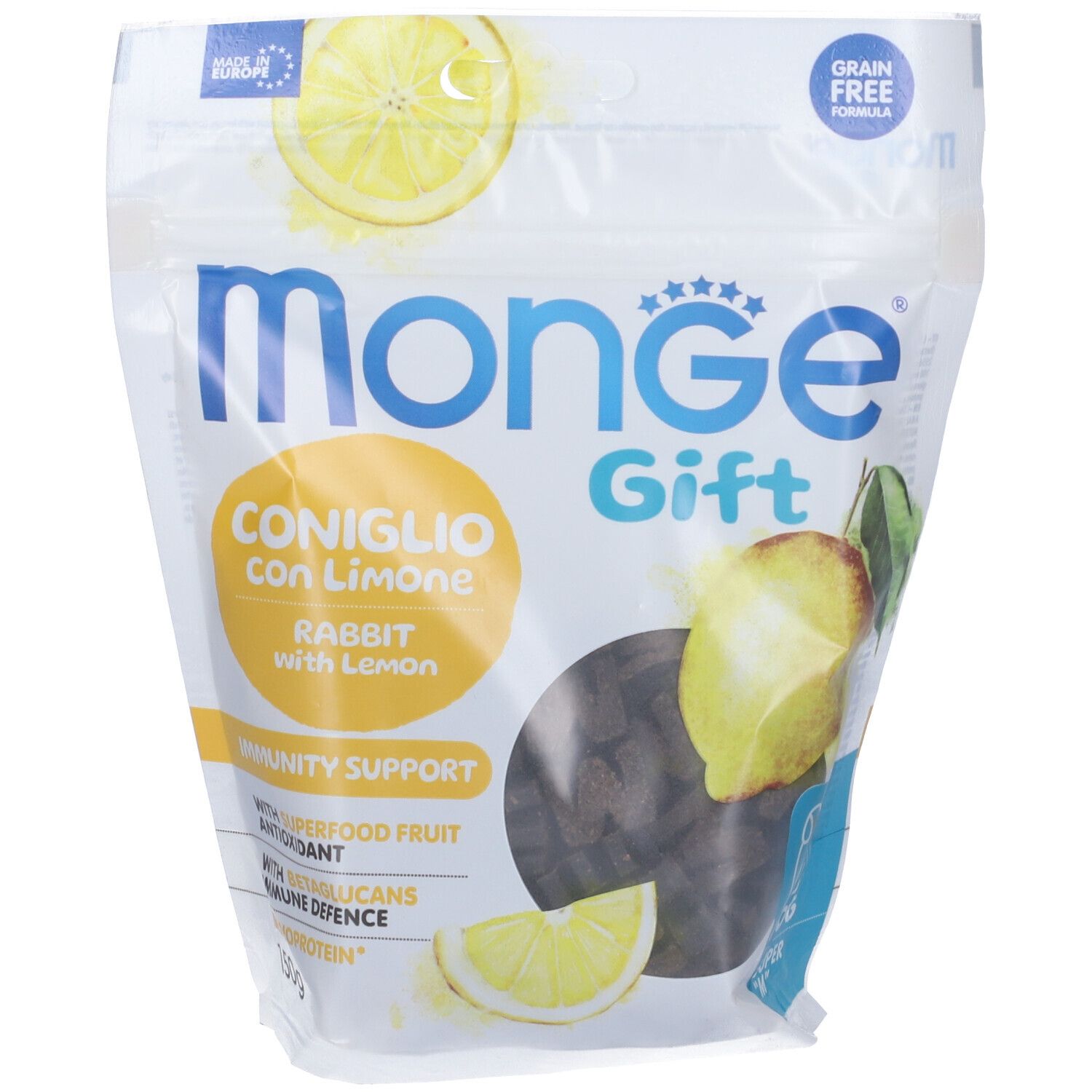 Confezione di snack per cani Monge Gift. Scritto: Coniglio con Limone, Immunity Support. Con limone e coniglio.