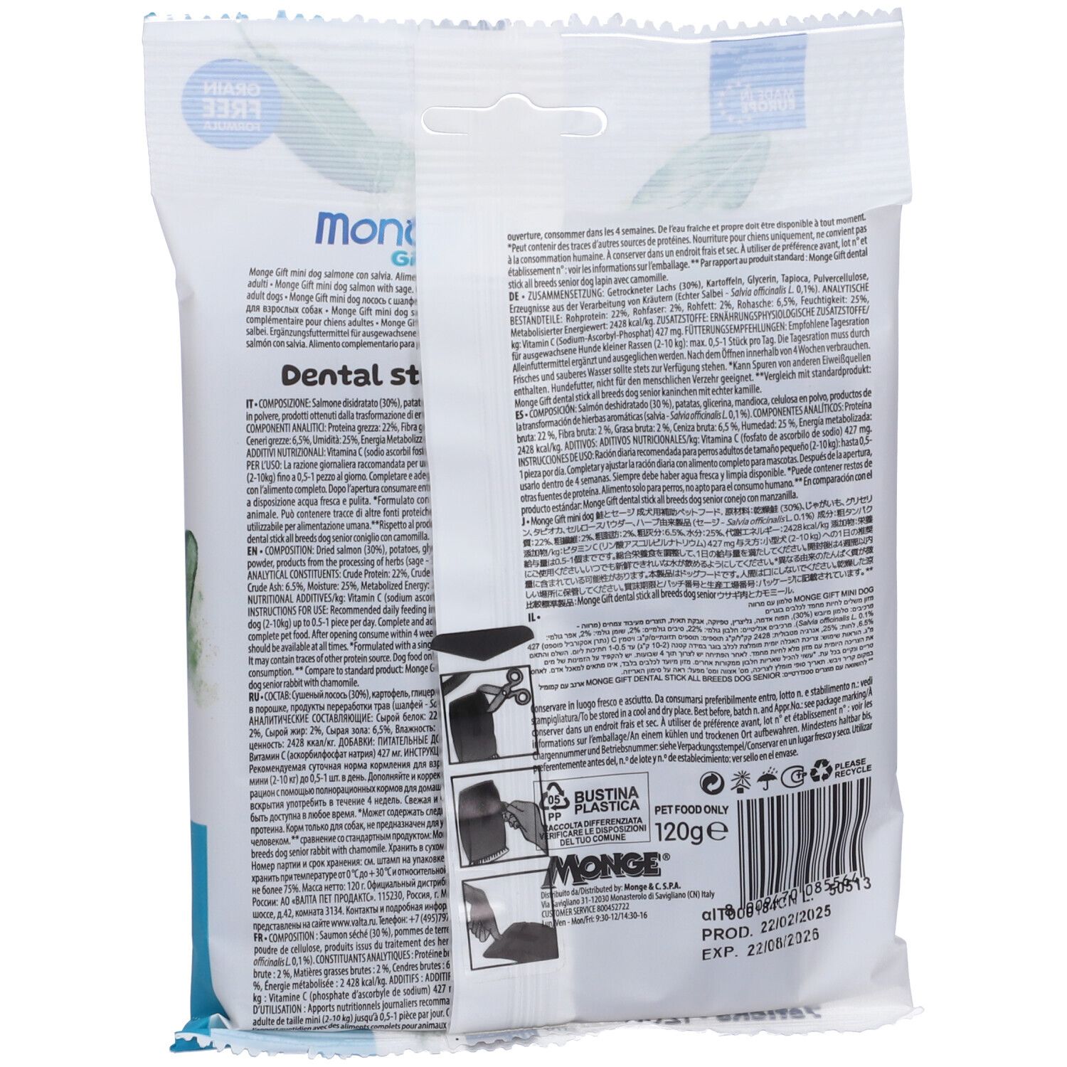 Retro della confezione di Monge Gift Dental Sticks Mini Salmone con Salvia. Testo e informazioni nutrizionali.