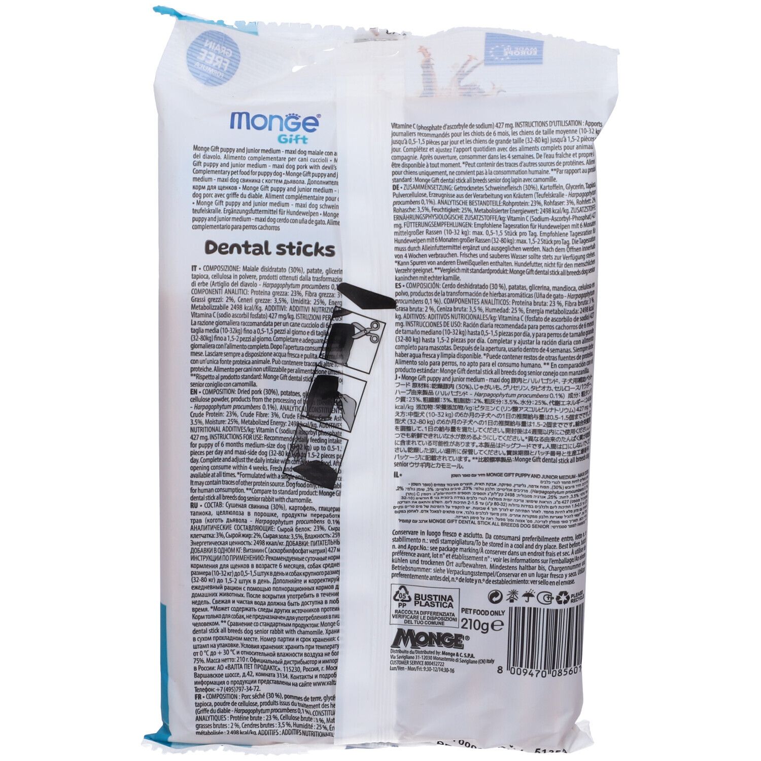 Retro della confezione di snack per cani. Testo: Monge Gift, Dental sticks. Elenco ingredienti e informazioni nutrizionali.