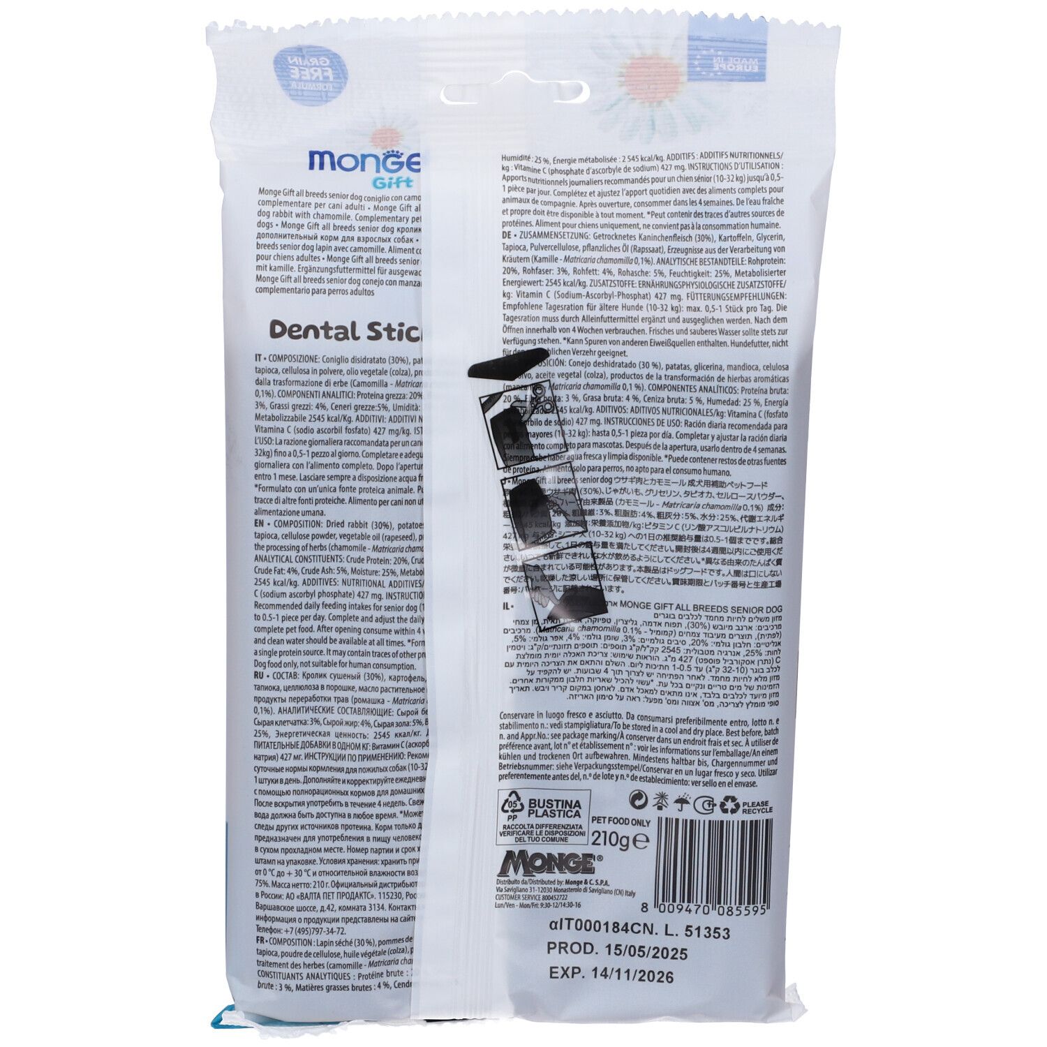 Retro della confezione di Monge Gift Dental Sticks. Contiene testo e informazioni nutrizionali. Peso: 210g. Scadenza: 14/11/2026.