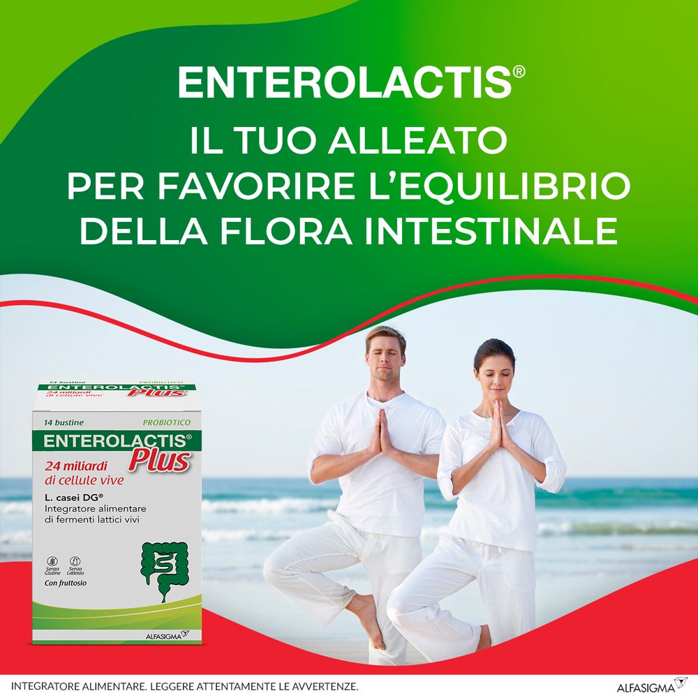 Pubblicità Enterolactis Plus. Uomo e donna in posa yoga sulla spiaggia. Testo: « Il tuo alleato per favorire l'equilibrio della flora intestinale ».