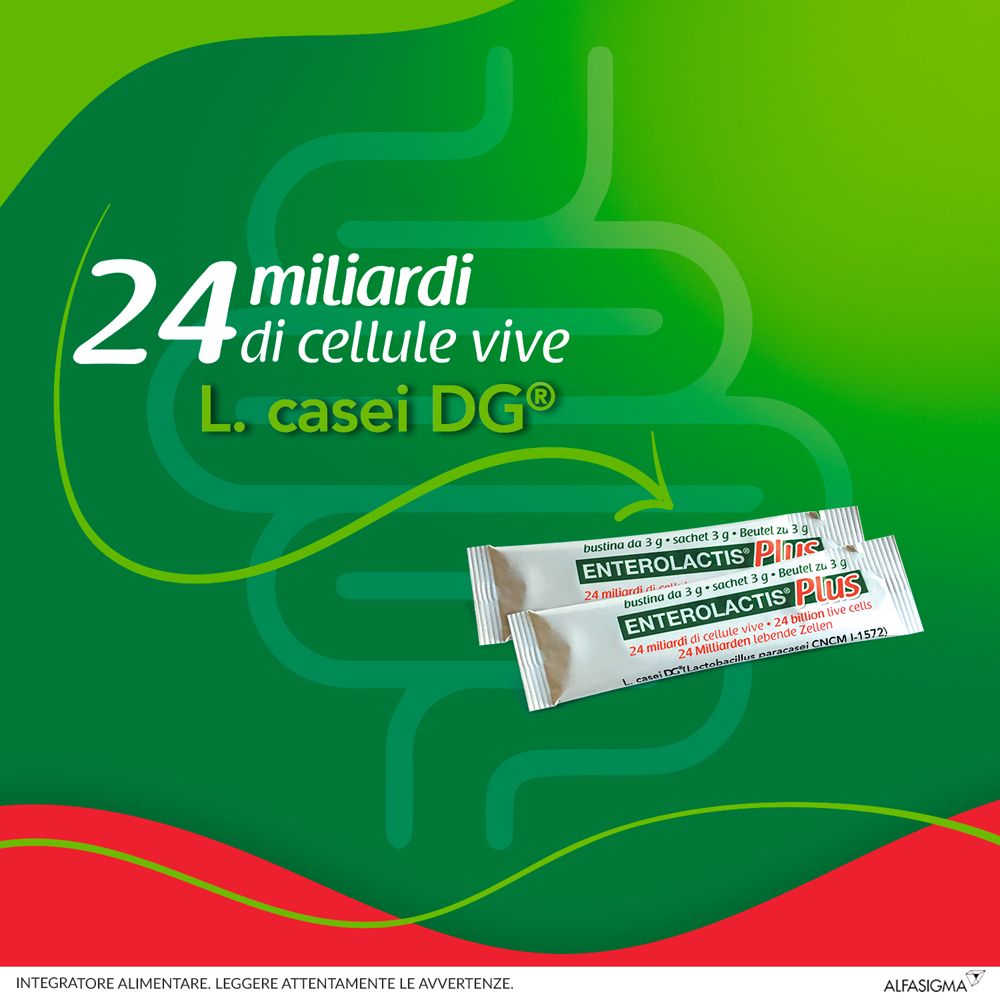 Due bustine Enterolactis Plus. 24 miliardi cellule vive. L. casei DG. Su sfondo verde. Testo.