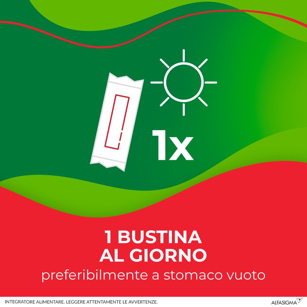 Una bustina Enterolactis Plus. Simbolo sole. Testo: 1 bustina al giorno, preferibilmente a stomaco vuoto.