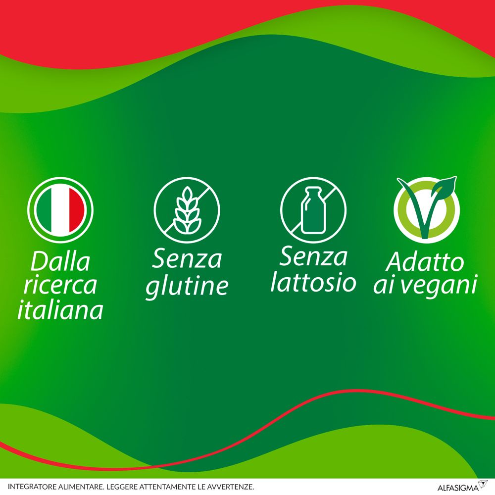 Simboli: Dalla ricerca italiana, senza glutine, senza lattosio, adatto ai vegani. Su sfondo verde.