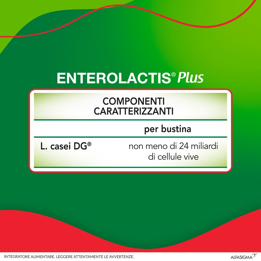 Enterolactis Plus. Componenti per bustina: L. casei DG, non meno di 24 miliardi di cellule vive. Testo.