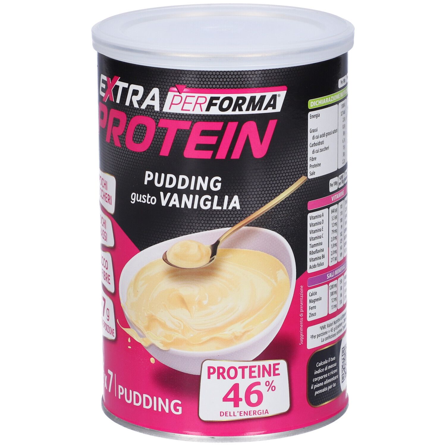 Lattina EXTRA PERFORMA PROTEIN PUDDING gusto VANIGLIA. Mostra una ciotola di budino e un cucchiaio.