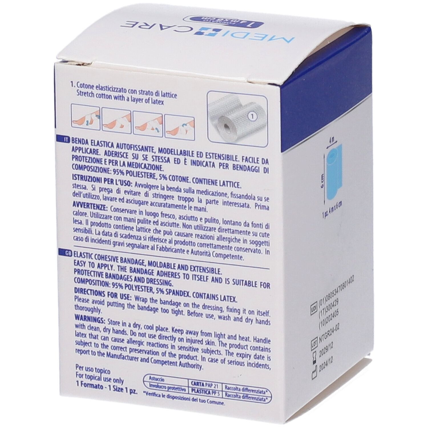 Retro della confezione di benda Medi Care. Testo in italiano. Istruzioni e composizione del prodotto.