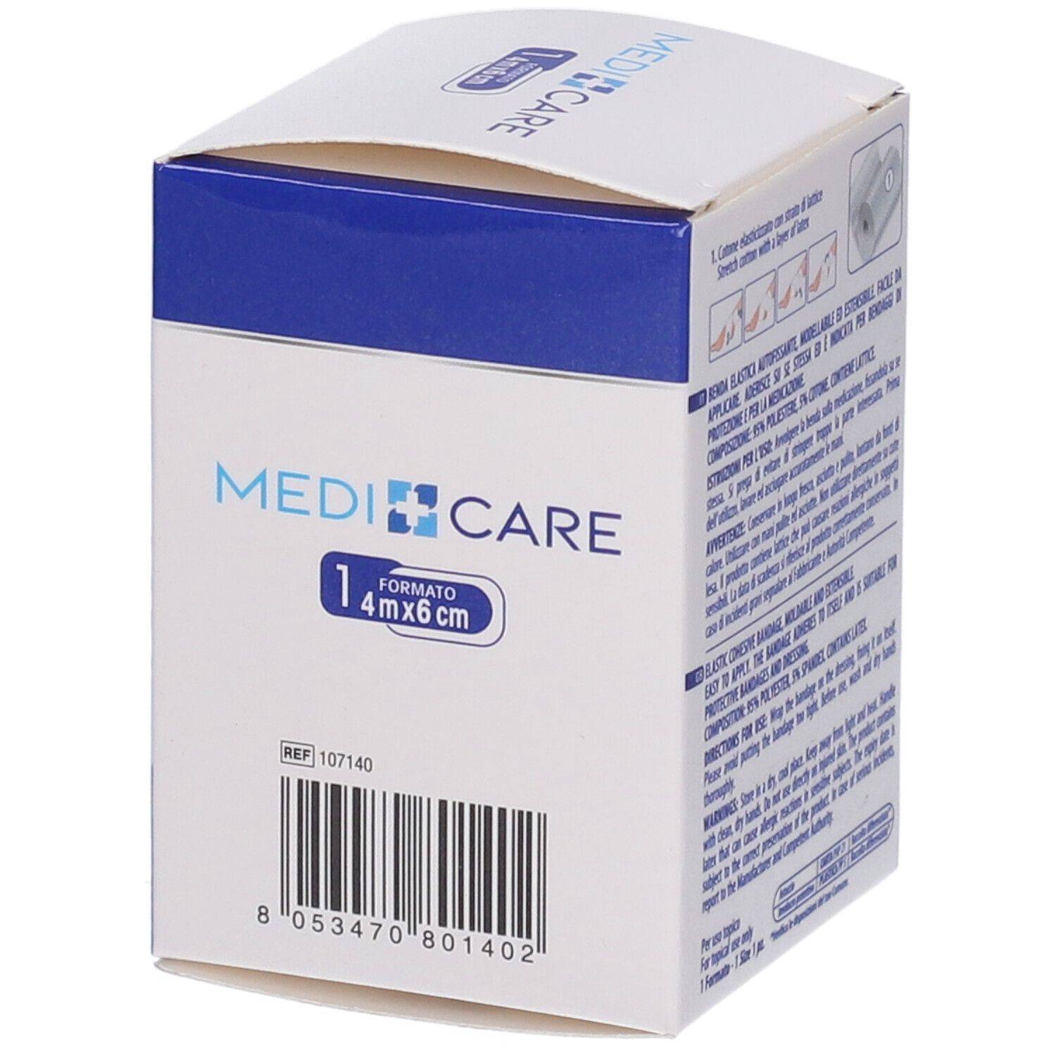 Retro della confezione di benda Medi Care. Codice a barre e indicazione delle dimensioni: 4m x 6cm. Contiene informazioni.