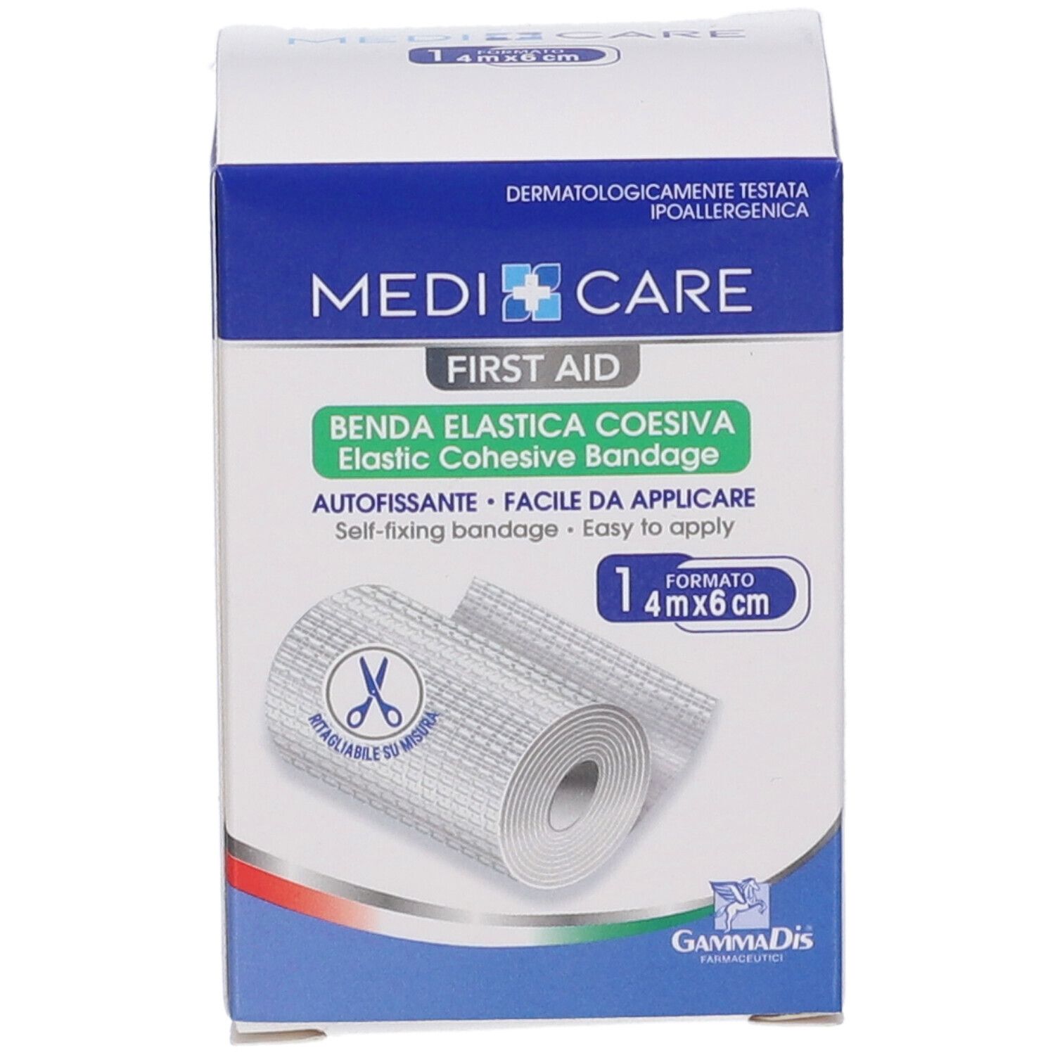 Confezione di benda elastica coesiva Medi Care. Formato 4m x 6cm. Logo visibile. Testato dermatologicamente.
