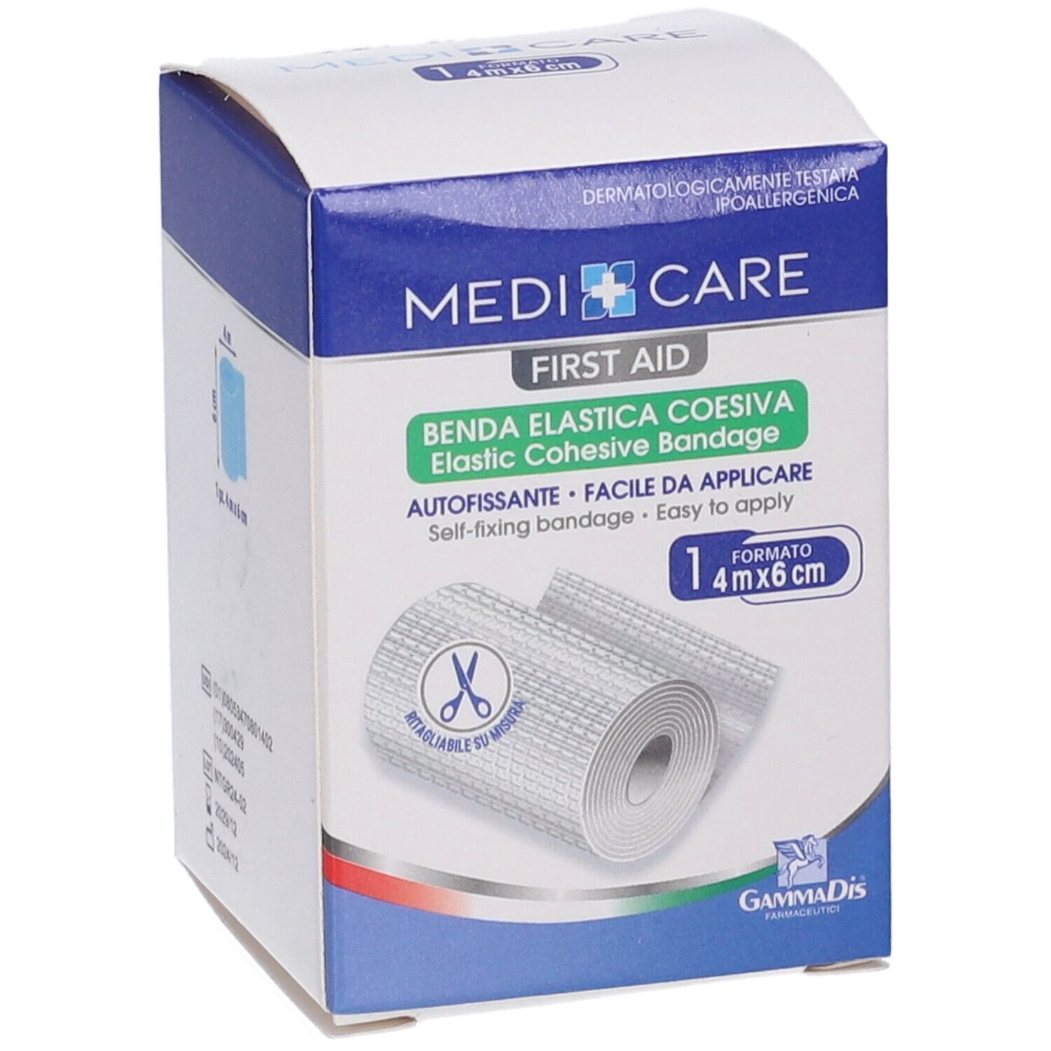 Confezione di benda elastica coesiva Medi Care. Formato 4m x 6cm. Logo visibile. Testato dermatologicamente.