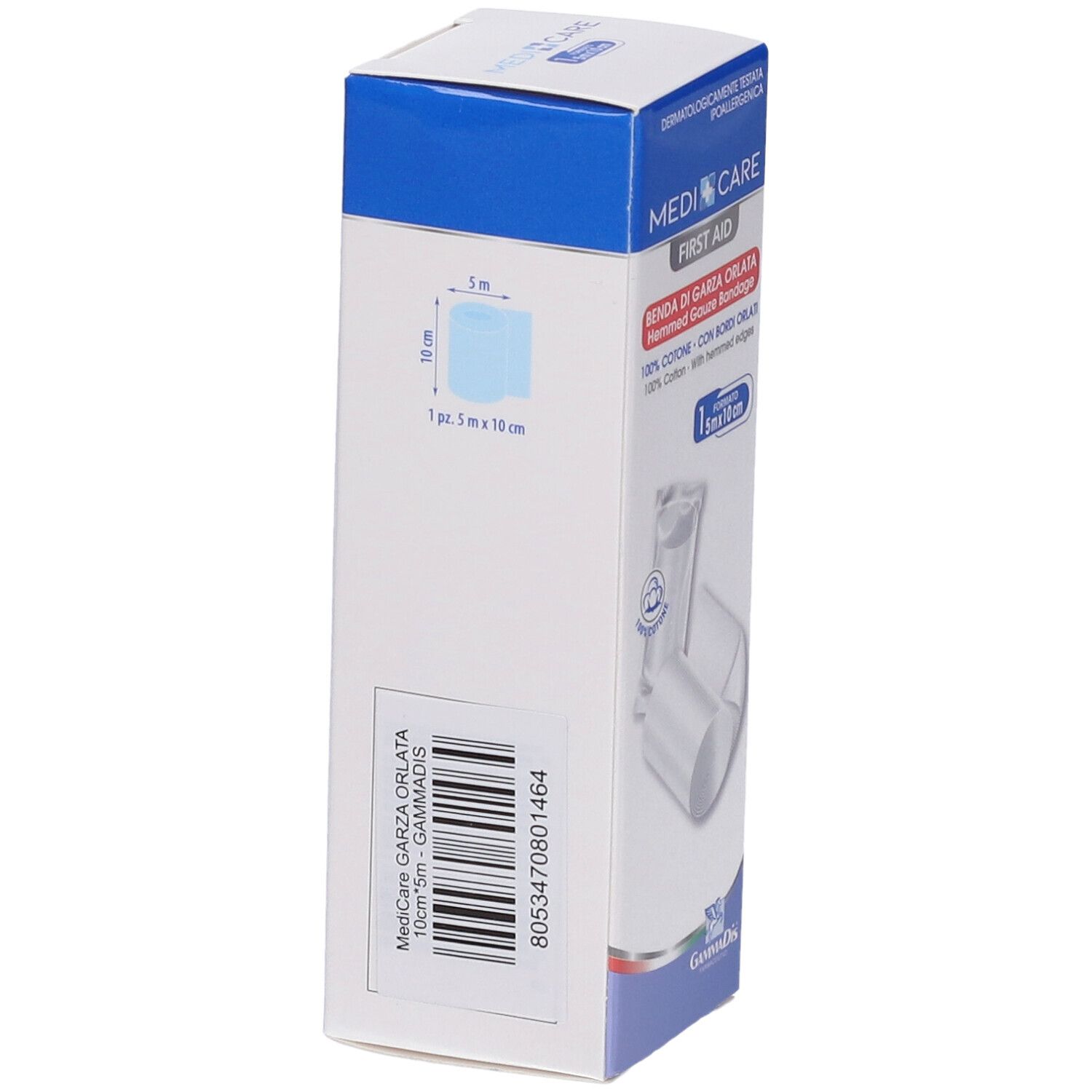 Retro della confezione di Benda di Garza Orlata. 10x5m. Medi Care. Illustrazione del prodotto. Dimensioni: 10x5m. Cotone.