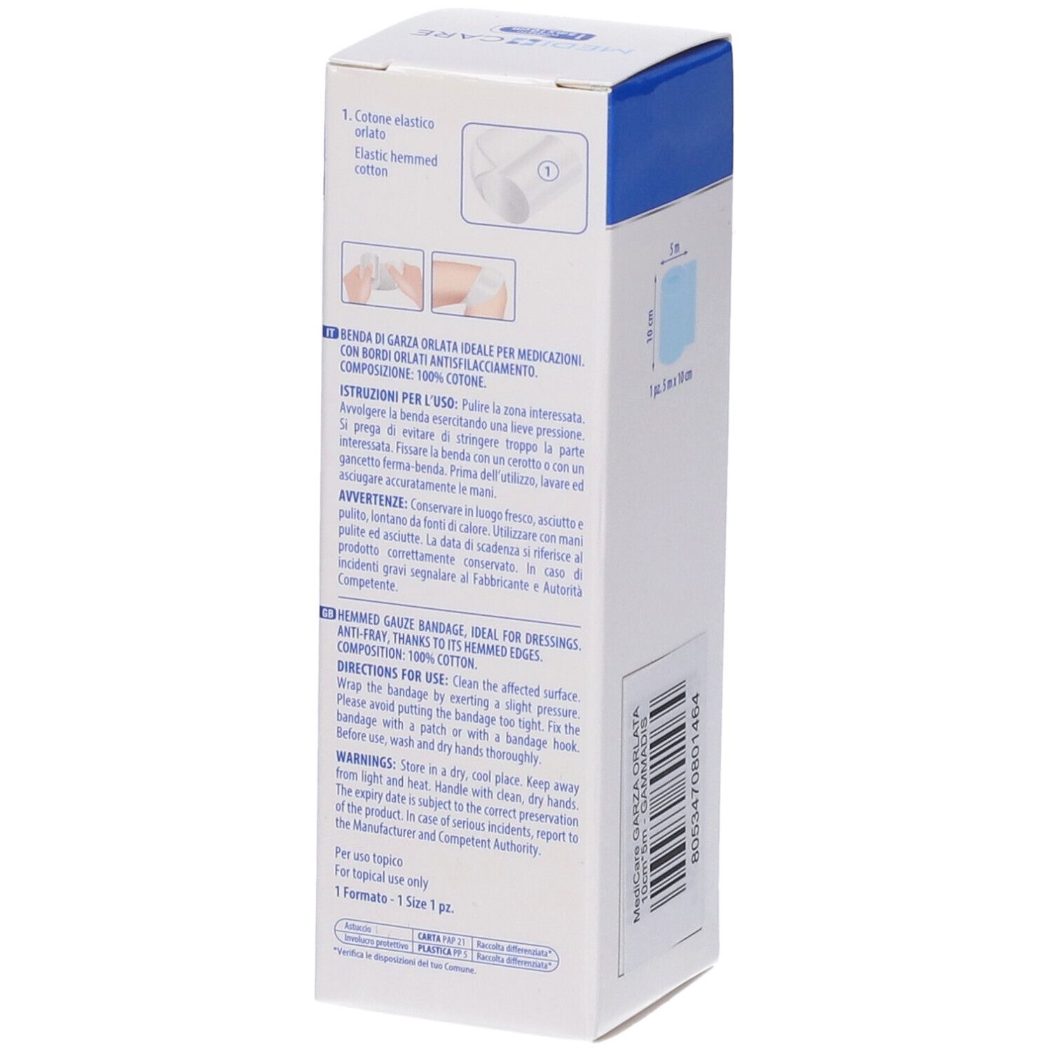 Confezione di Benda di Garza Orlata. Medi Care. Testo e illustrazioni per l'uso. 10x5m. Cotone.