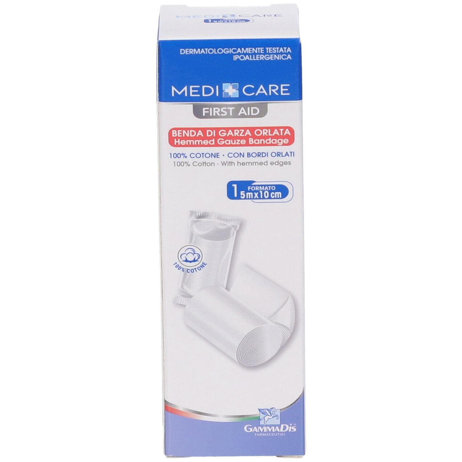 Confezione di Benda di Garza Orlata. 10x5m. Marchio: Medi Care. Cotone. Con bordi orlati. Immagine del prodotto.