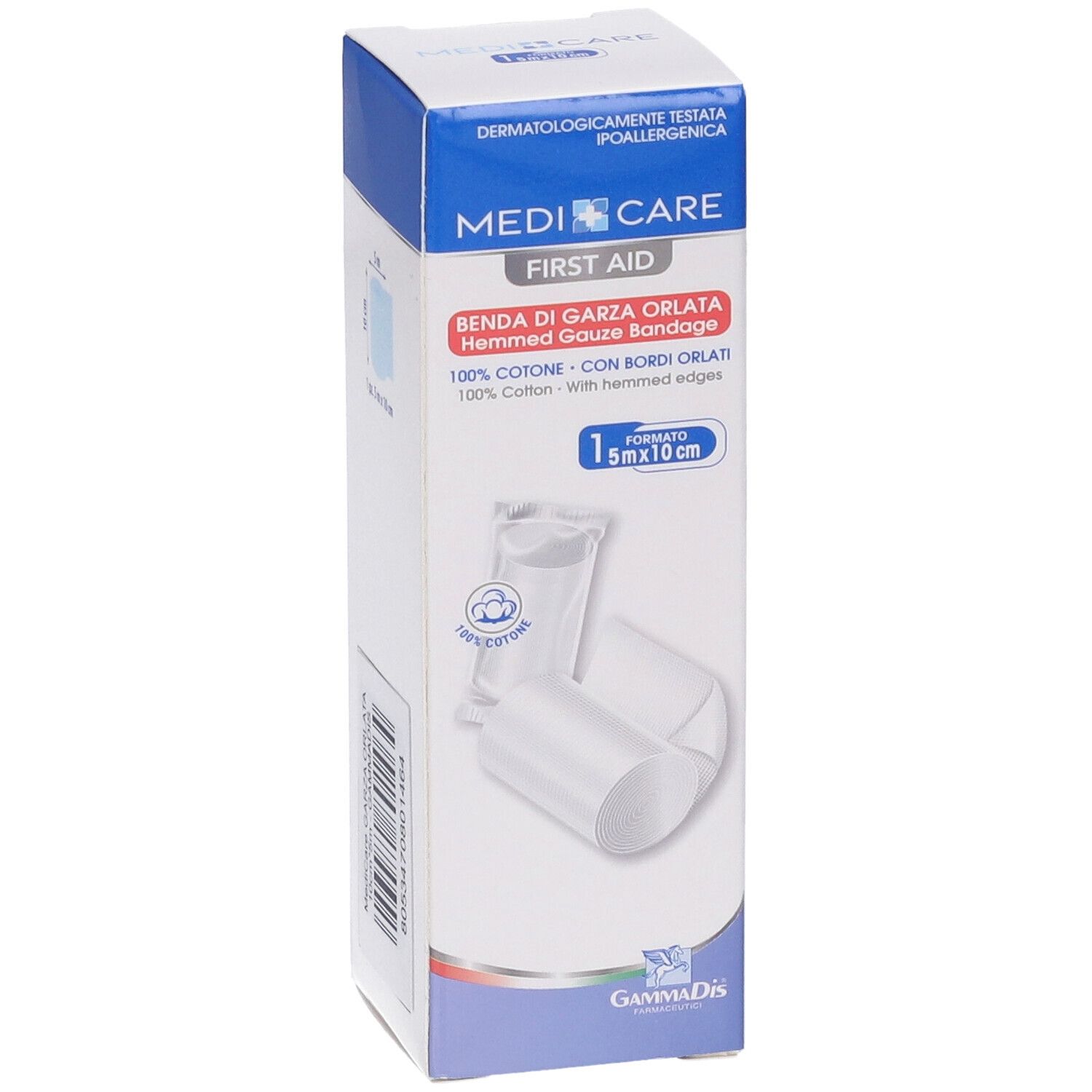 Confezione di Benda di Garza Orlata. 10x5m. Marchio: Medi Care. Cotone. Con bordi orlati. Immagine del prodotto.