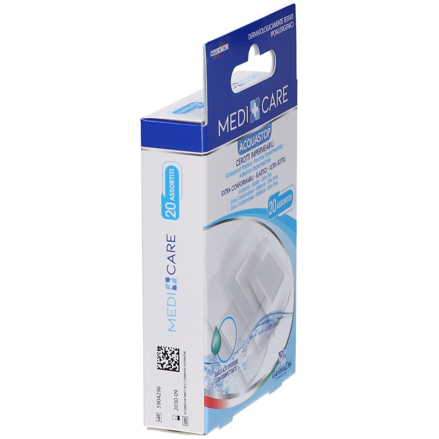 Confezione di cerotti AquaStop. 20 pezzi. Marca Medicare. Lato con codice a barre e data di produzione.