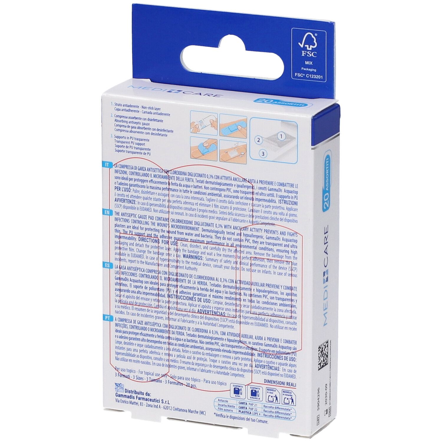 Retro della confezione con istruzioni e informazioni. Cerotti AquaStop. 20 pezzi. Marca Medicare.