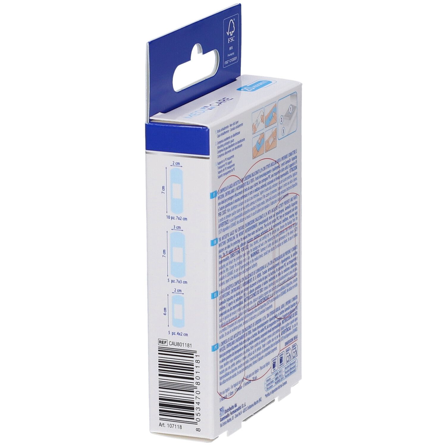 Lato della confezione con dimensioni dei cerotti. AquaStop. 20 pezzi. Marca Medicare. Illustrazioni dei cerotti.