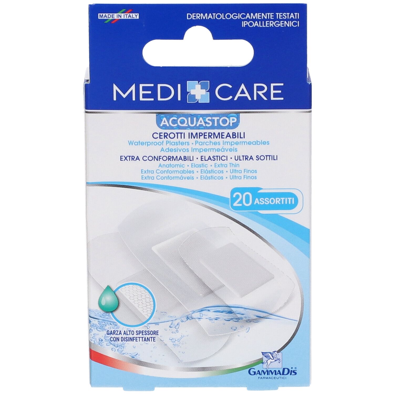 Confezione di cerotti assortiti AquaStop. 20 pezzi. Marca Medicare. Dermatologicamente testati. Cerotti impermeabili.