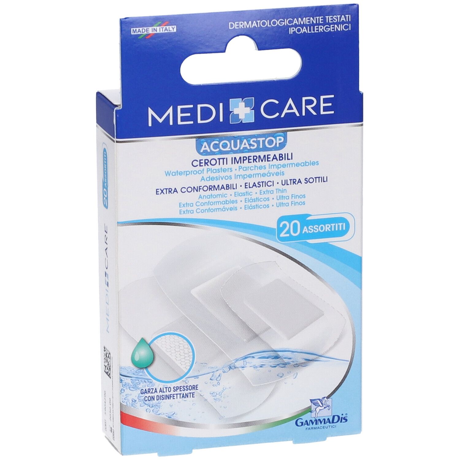 Confezione di cerotti assortiti AquaStop. 20 pezzi. Marca Medicare. Dermatologicamente testati. Cerotti impermeabili.