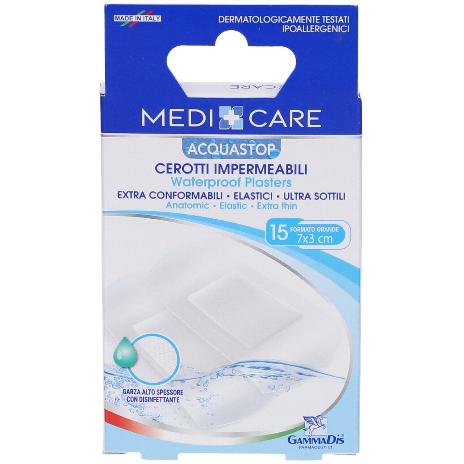 Vista frontale della confezione di cerotti Medicare Acquastop. 15 pezzi, 7x3cm. Impermeabili.