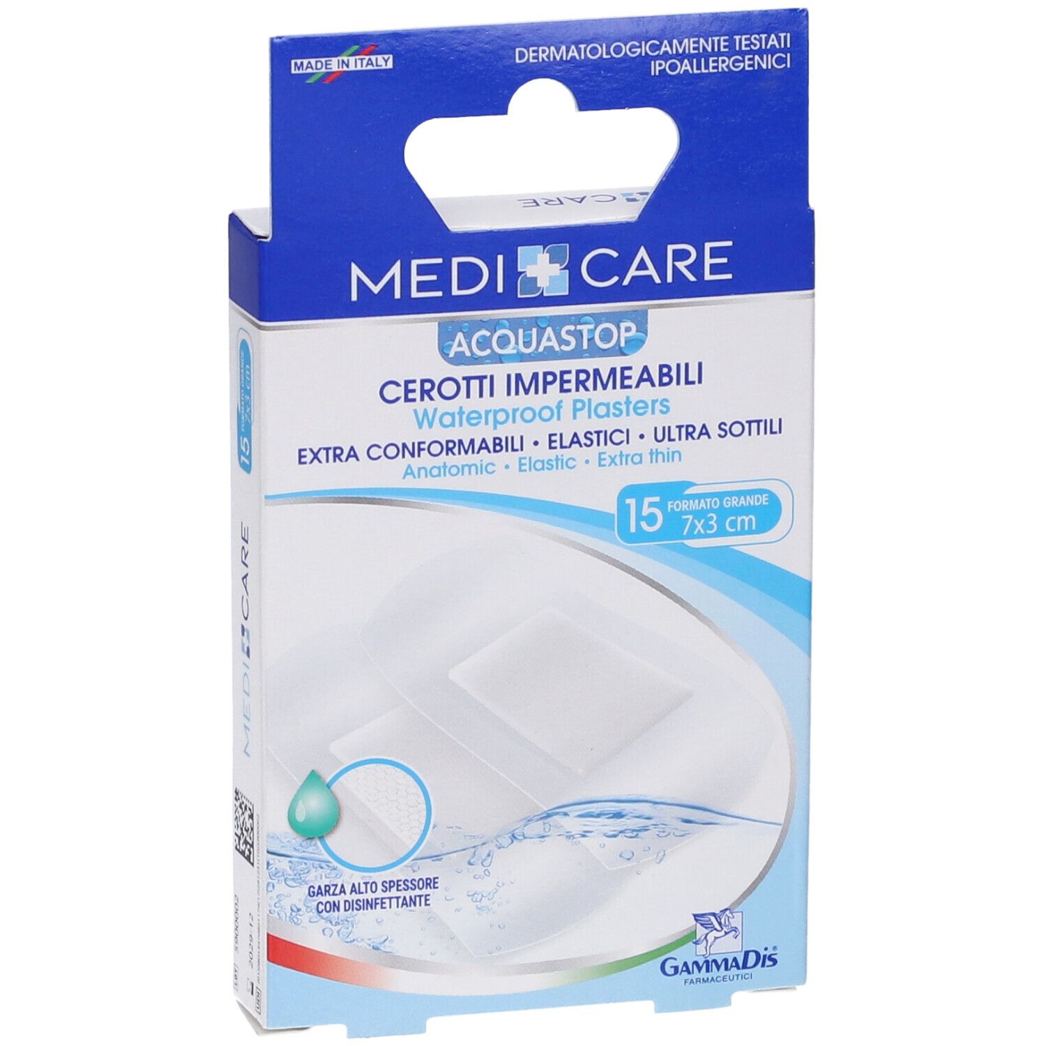 Vista frontale della confezione di cerotti Medicare Acquastop. 15 pezzi, 7x3cm. Impermeabili.