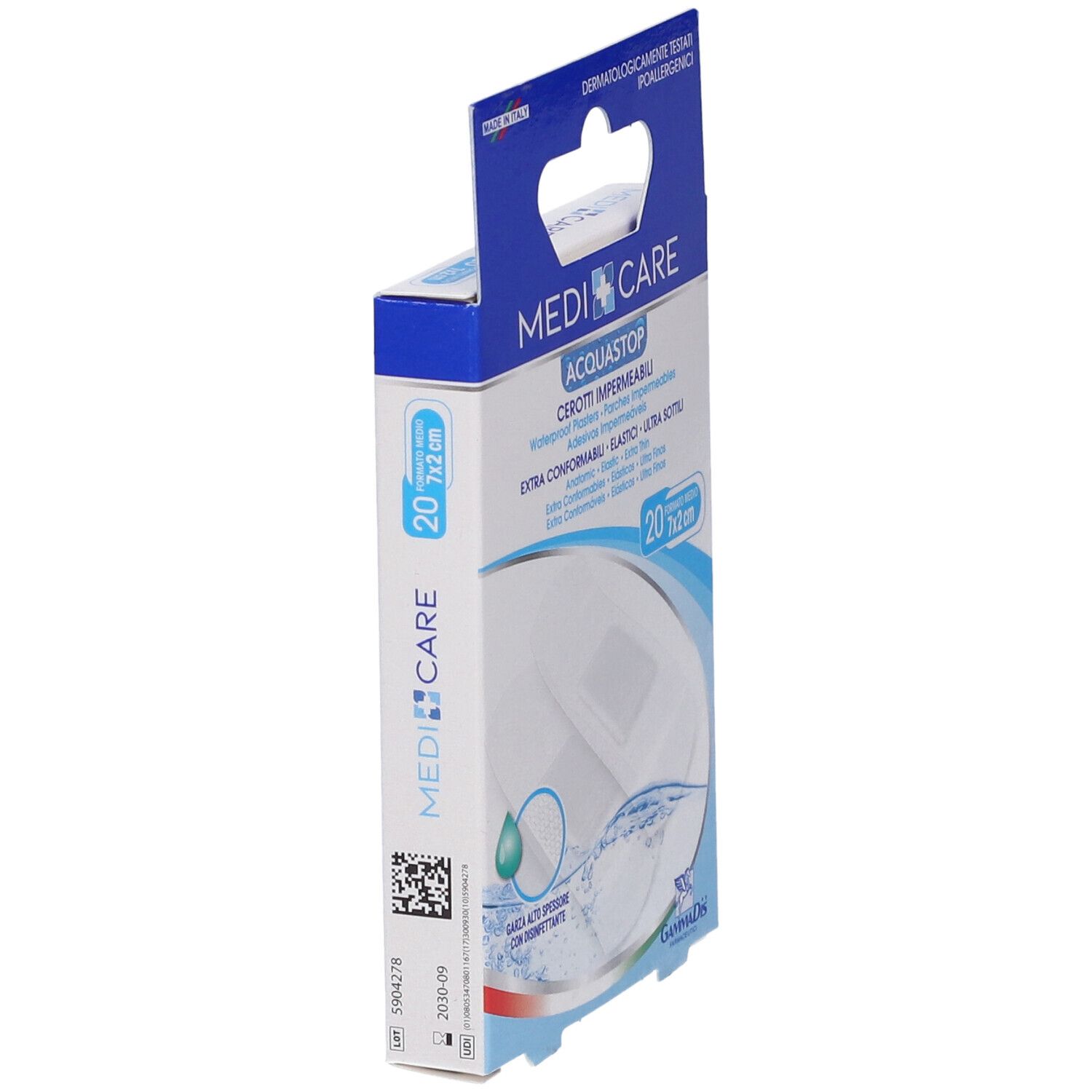 Vista laterale della confezione di 20 cerotti impermeabili. Marca: Medicare Acquastop. Misura: 7x2cm.