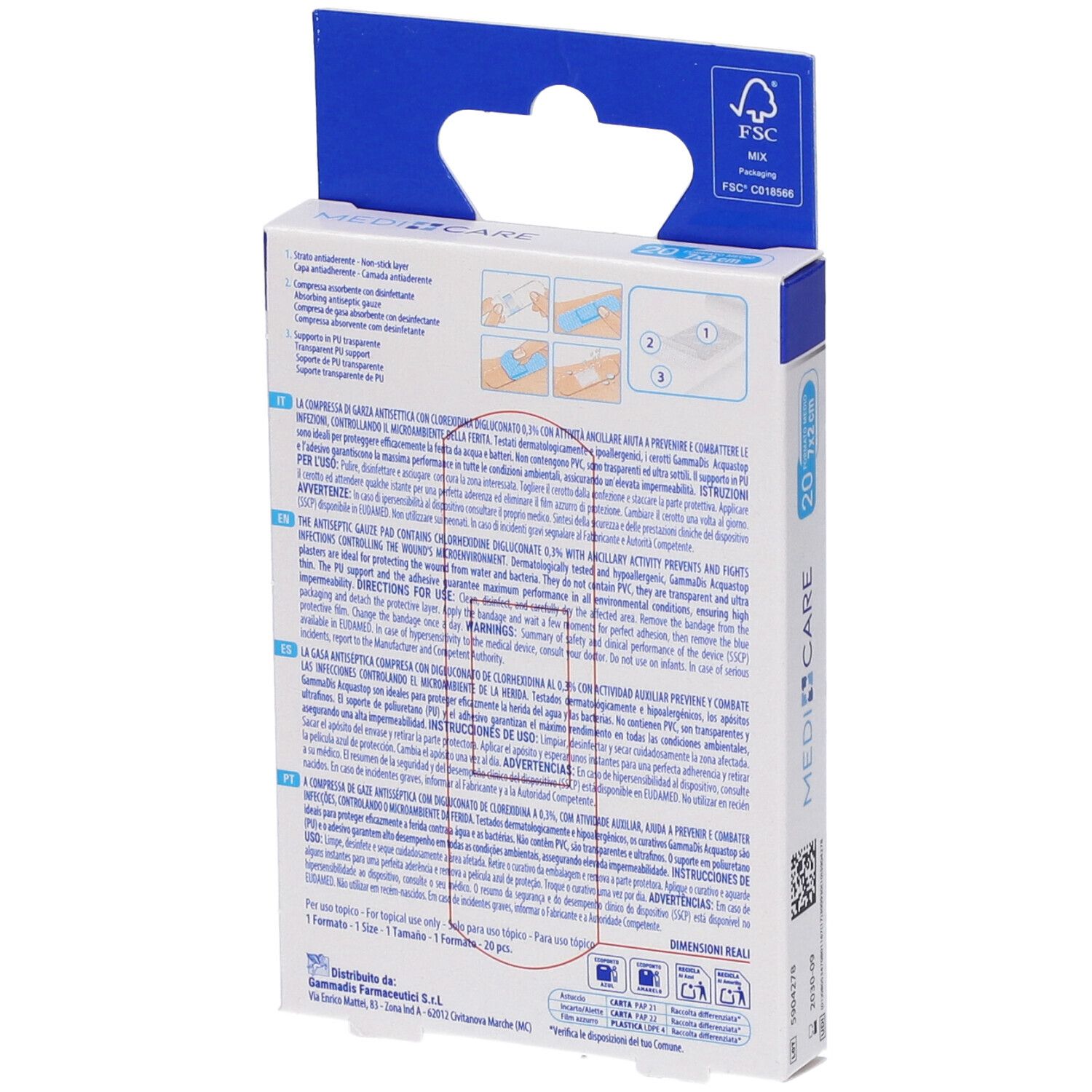 Retro della confezione con informazioni sui cerotti. Certificazione FSC. Marca: Medicare Acquastop.