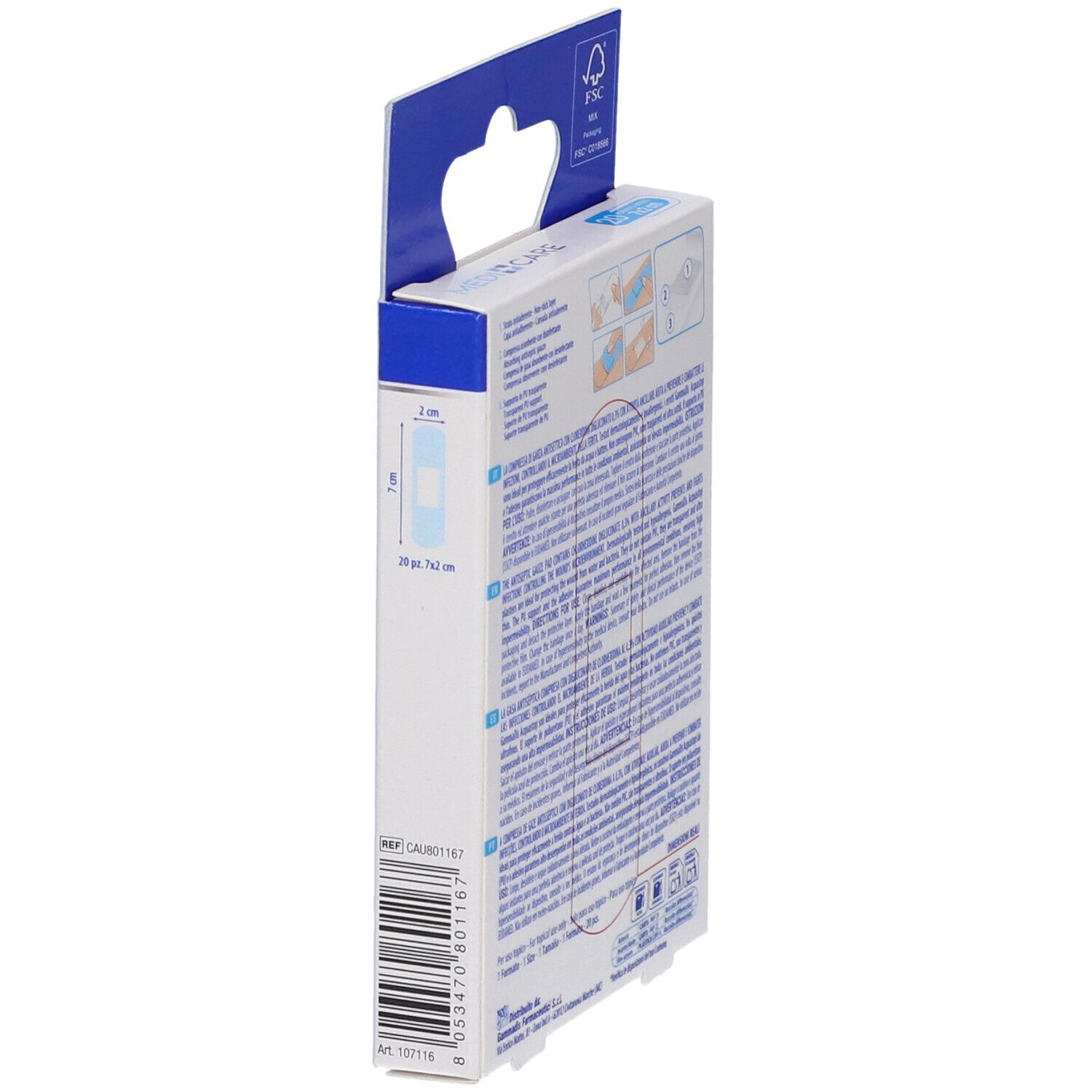 Vista laterale della confezione con informazioni sui cerotti. Marca: Medicare Acquastop. Misura: 7x2cm.