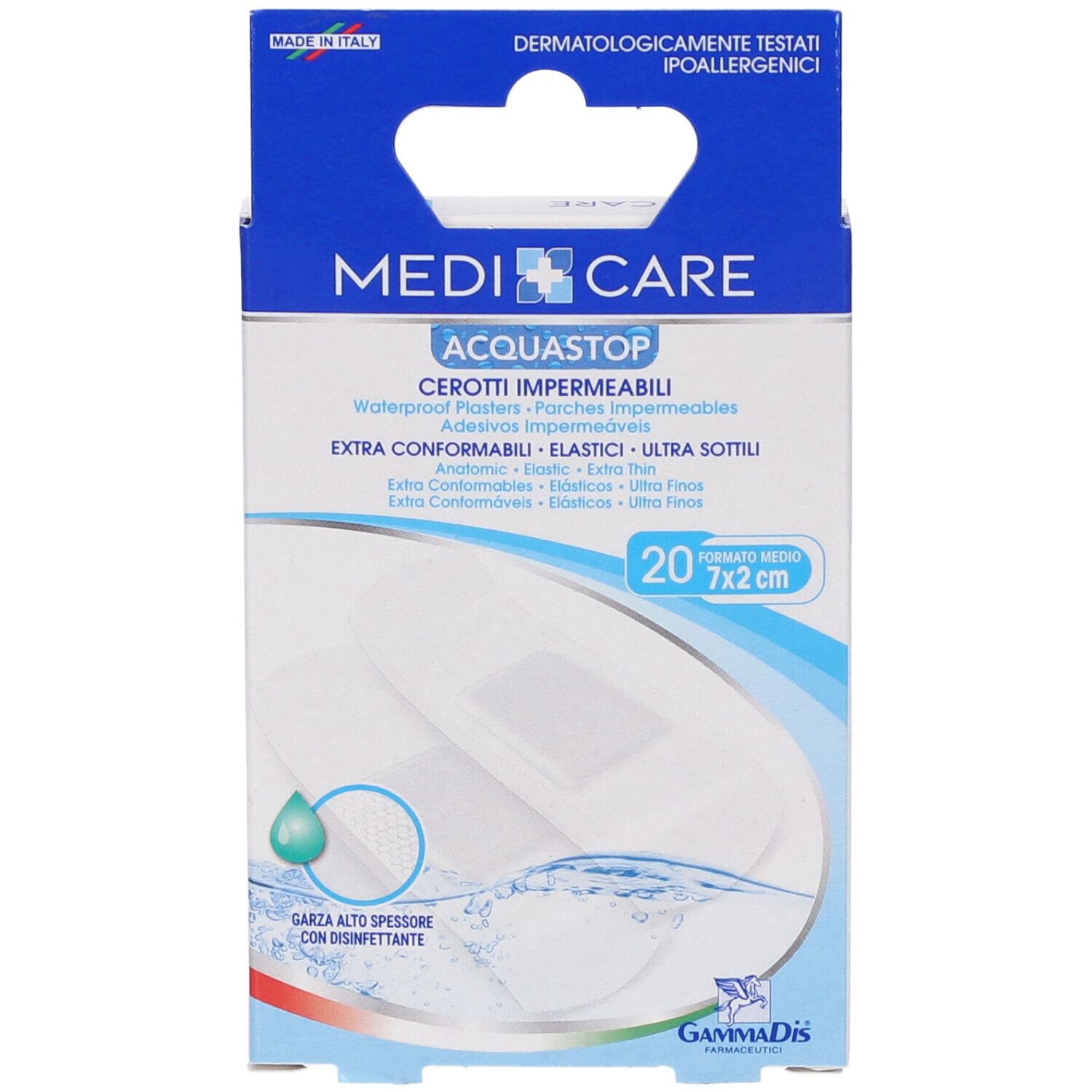 Vista frontale della confezione di 20 cerotti impermeabili. Marca: Medicare Acquastop. Misura: 7x2cm.