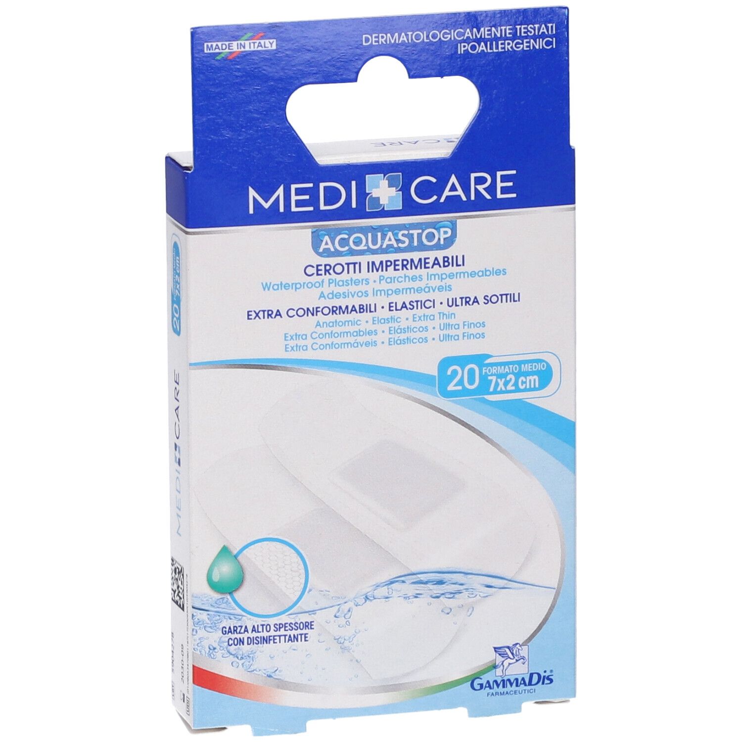 Vista frontale della confezione di 20 cerotti impermeabili. Marca: Medicare Acquastop. Misura: 7x2cm.