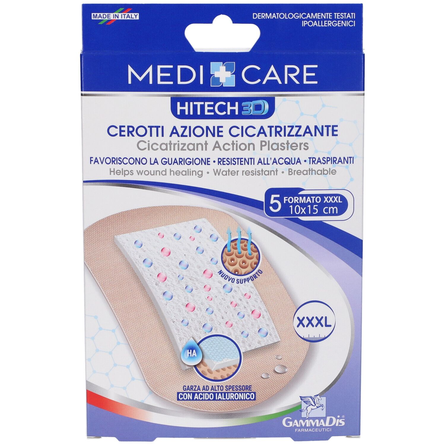 Vista frontale della confezione MEDICARE CER CICATR. Contiene 5 cerotti, formato 10x15 cm. Scritta: Cerotti Azione Cicatrizzante.