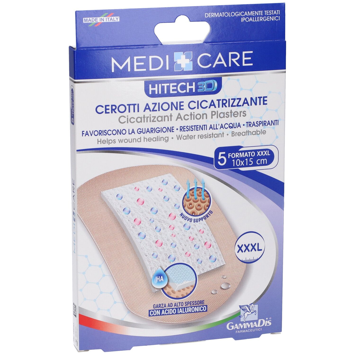 Vista frontale della confezione MEDICARE CER CICATR. Contiene 5 cerotti, formato 10x15 cm. Scritta: Cerotti Azione Cicatrizzante.